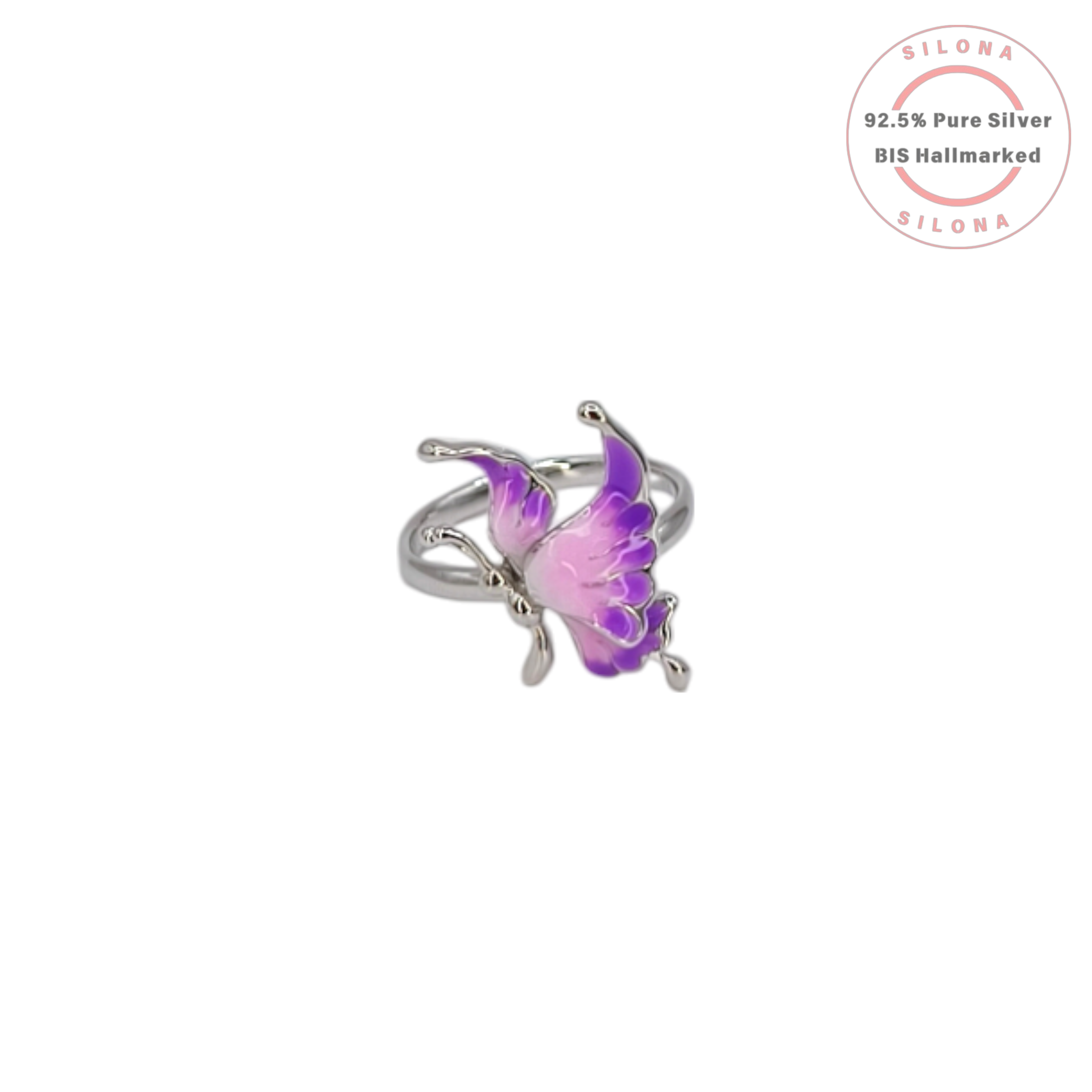 A sculptural sterling silver butterfly ring with a high-shine polish, shown from a side angle on a white background.