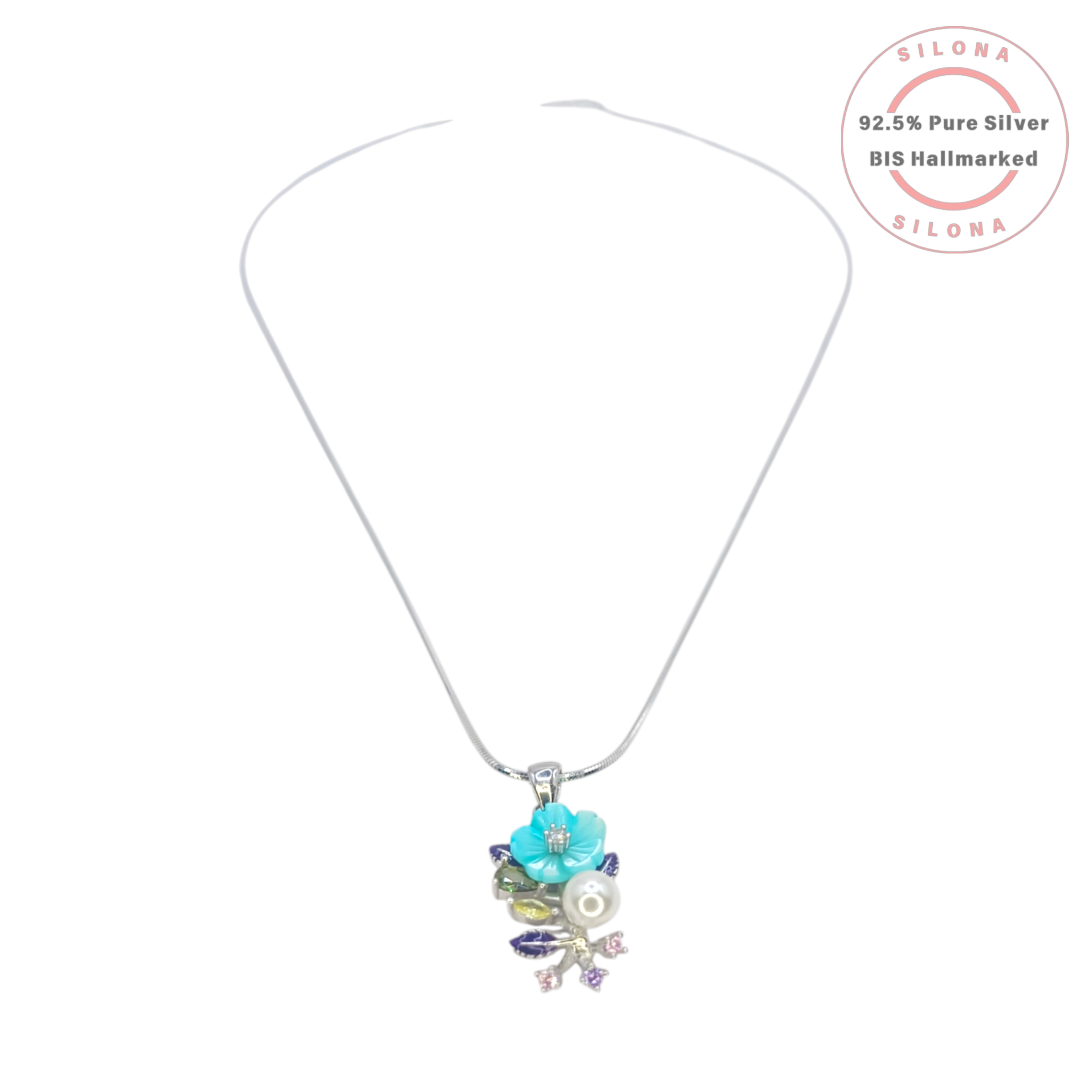 Silona Floral Necklace Set in 92.5 Silver, featuring a turquoise enamel flower pendant with a pearl and a silver snake chain.