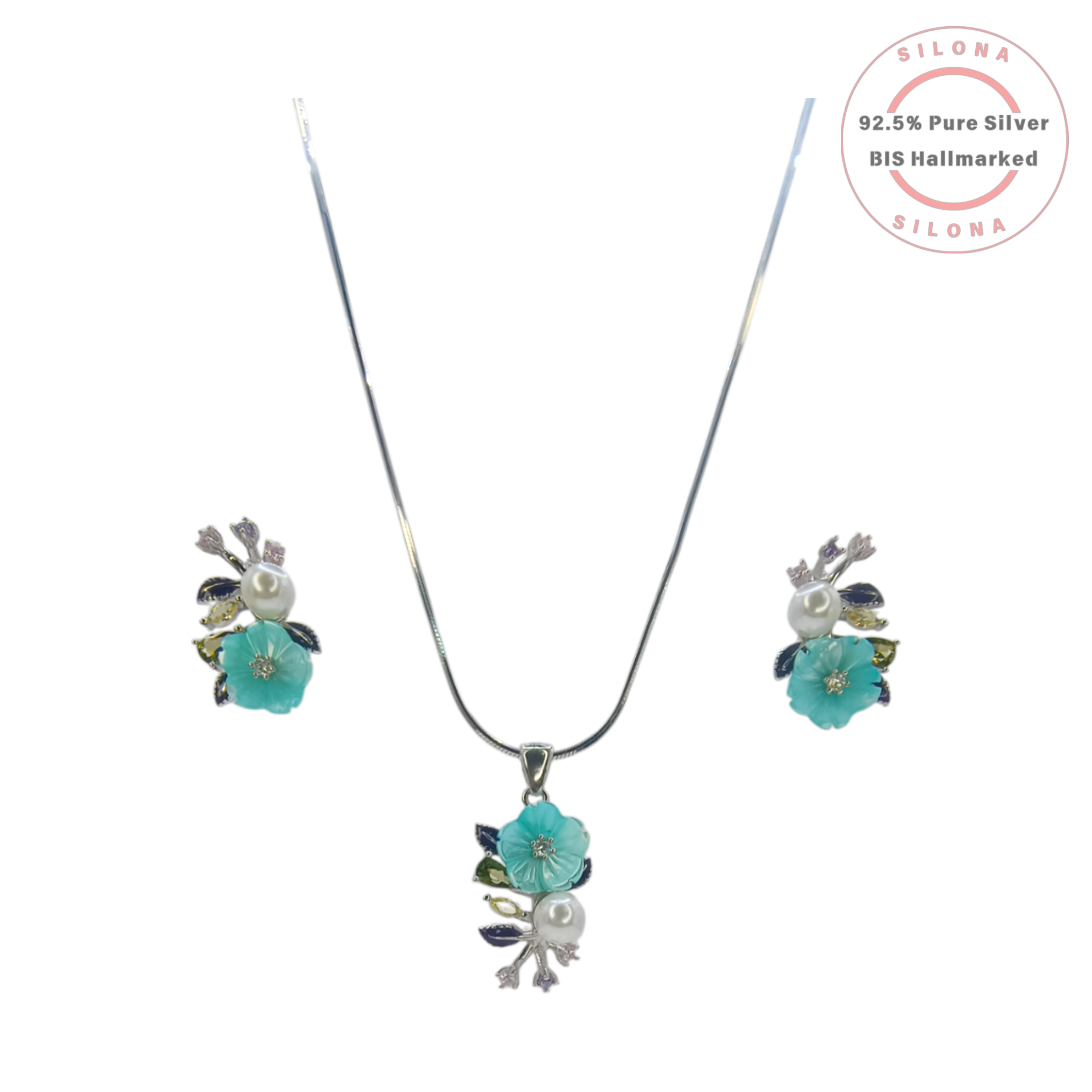 Silona Floral Necklace Set in 92.5 Silver, featuring a turquoise enamel flower pendant with a pearl and a silver snake chain.