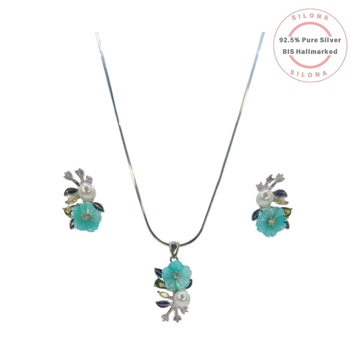 Silona Floral Necklace Set in 92.5 Silver, featuring a turquoise enamel flower pendant with a pearl and a silver snake chain.