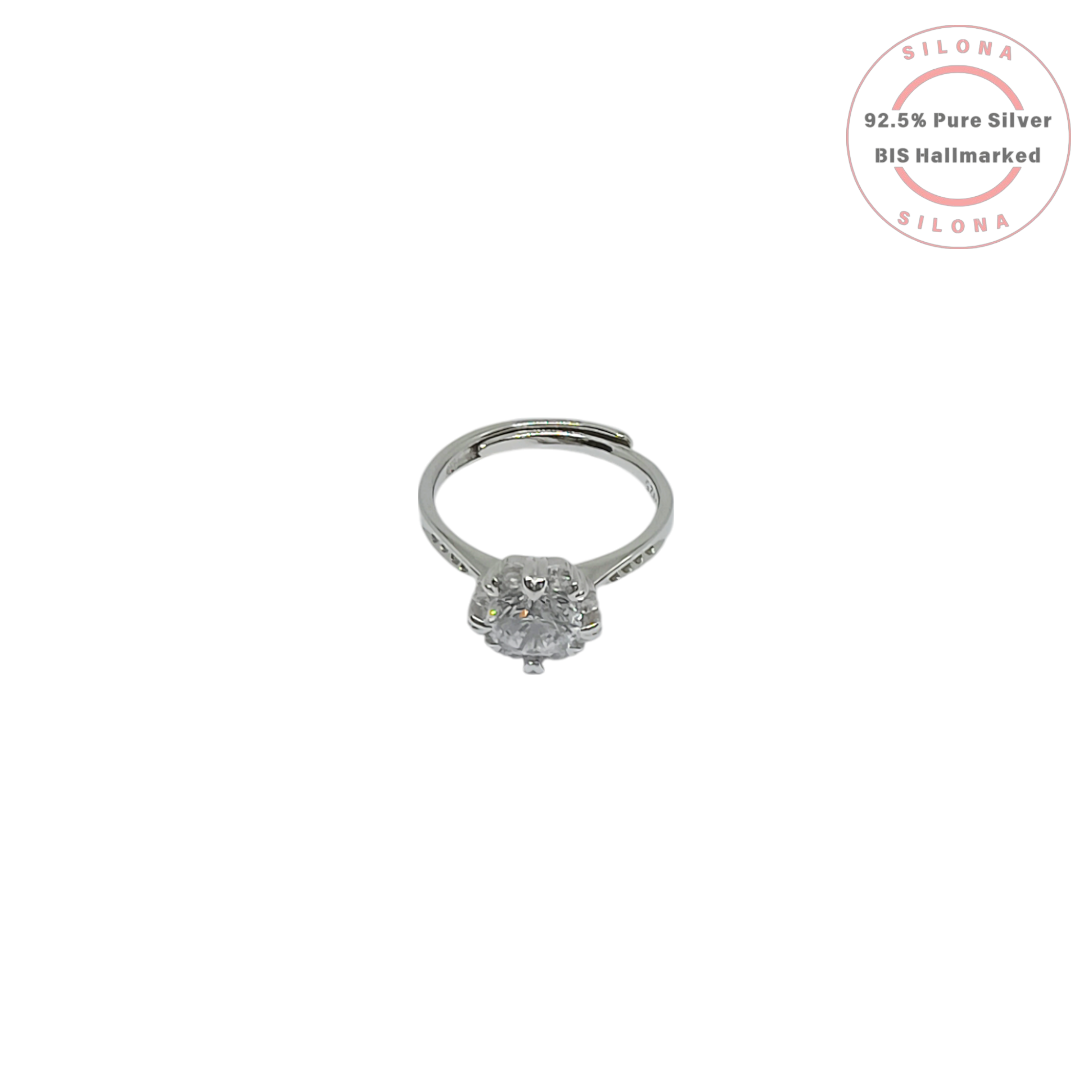 Front view of the Silona Classic Solitaire Adjustable Ring in 92.5 silver, featuring a central round cubic zirconia in a six-prong setting on a white background.