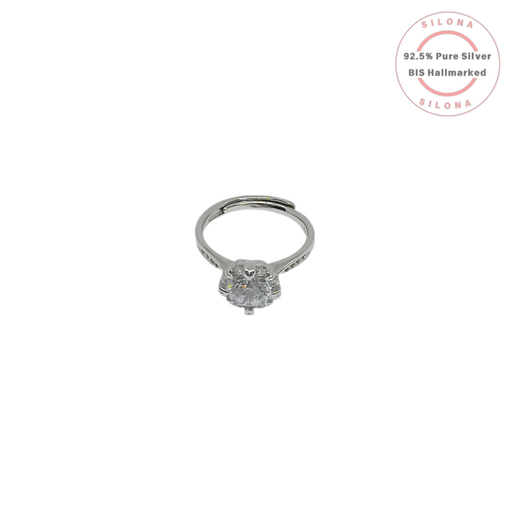 Front view of the Silona Classic Solitaire Adjustable Ring in 92.5 silver, featuring a central round cubic zirconia in a six-prong setting on a white background.