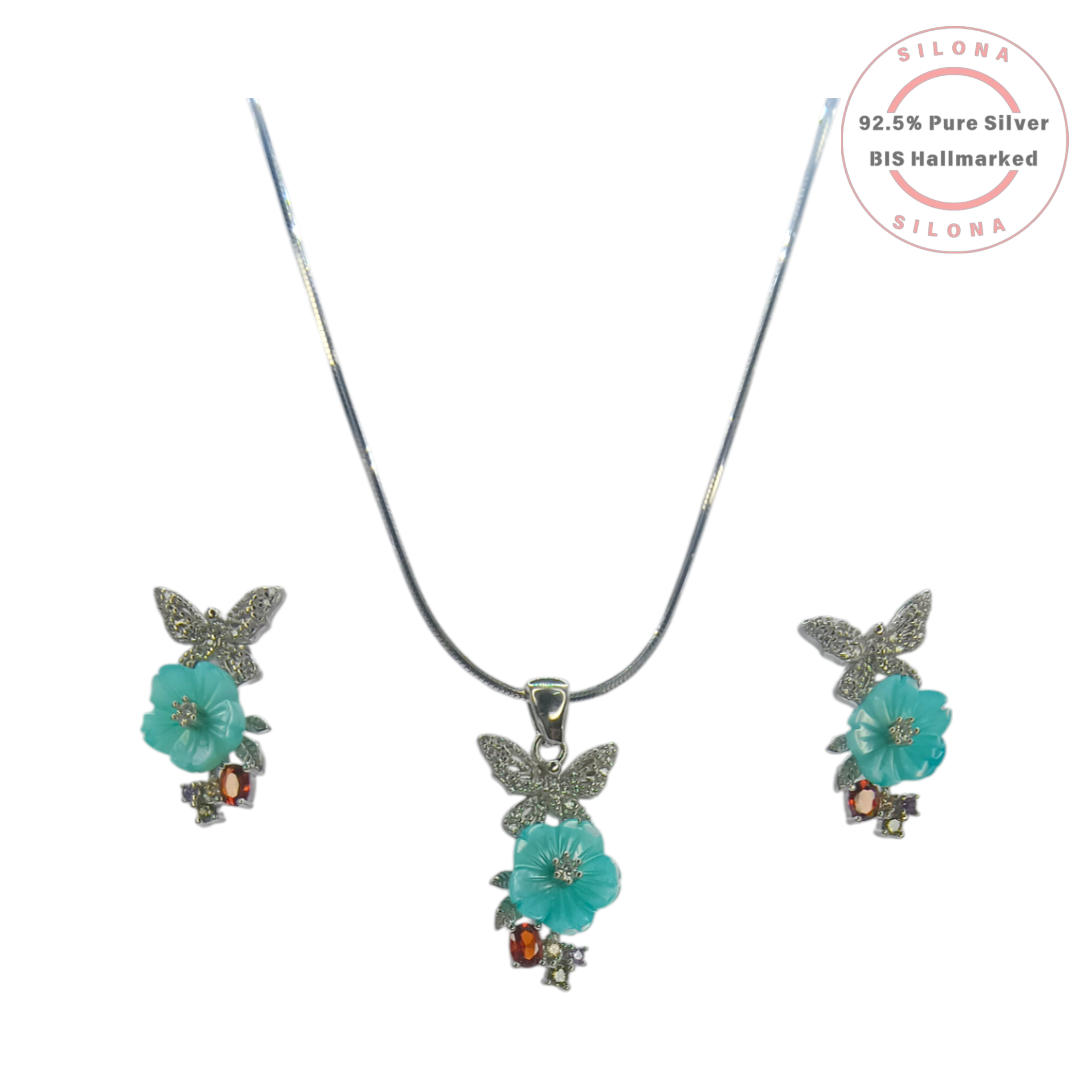 Silona Butterfly and Aqua Flower Necklace and Earring Set in 92.5 Sterling Silver, featuring pavé cubic zirconia and multi-color accent stones.