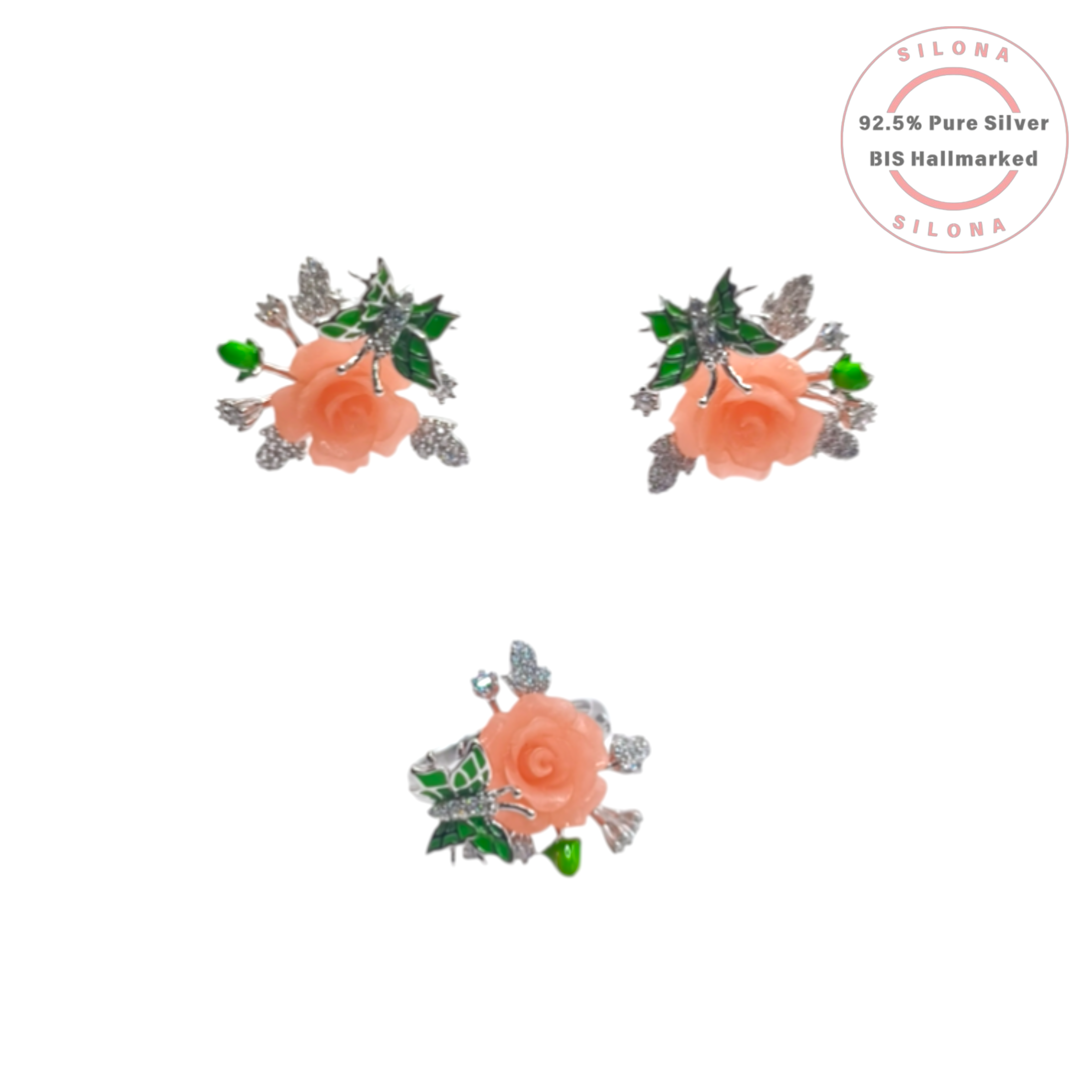 Pair of Silona silver stud earrings featuring a carved coral-colored rose with green enamel leaves and sparkling cubic zirconia accents on a white background.