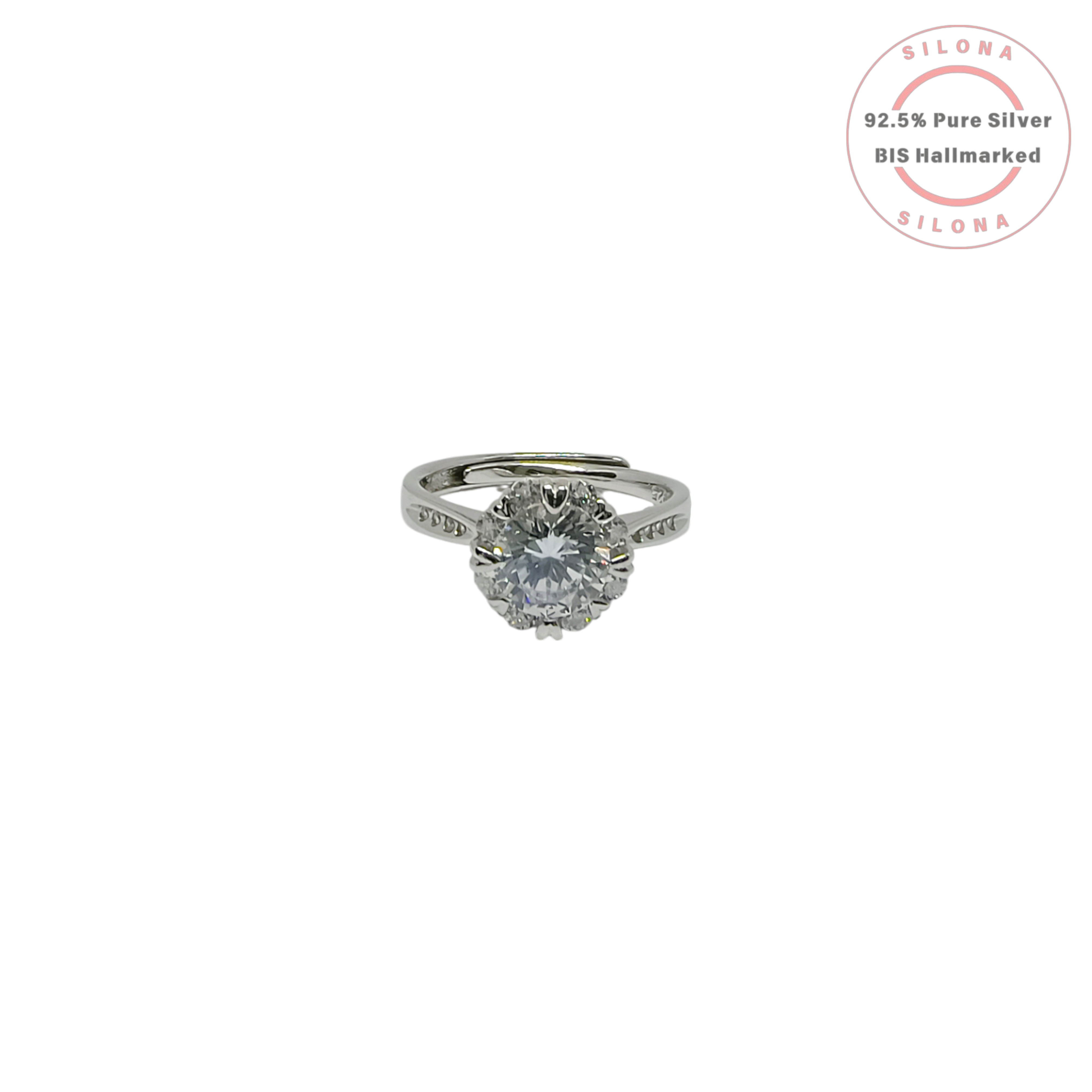Front view of the Silona Classic Solitaire Adjustable Ring in 92.5 silver, featuring a central round cubic zirconia in a six-prong setting on a white background.