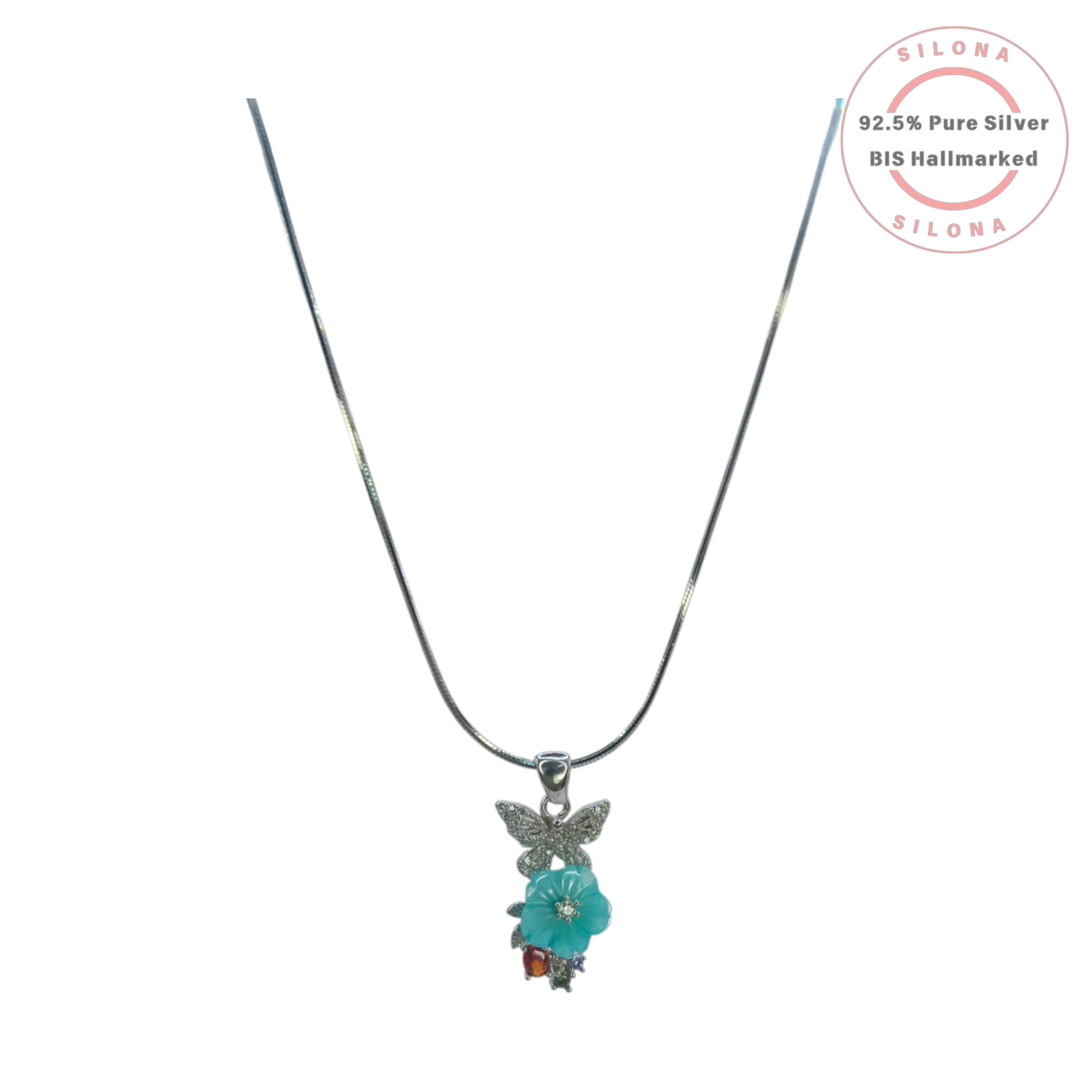 Silona Butterfly and Aqua Flower Necklace and Earring Set in 92.5 Sterling Silver, featuring pavé cubic zirconia and multi-color accent stones.