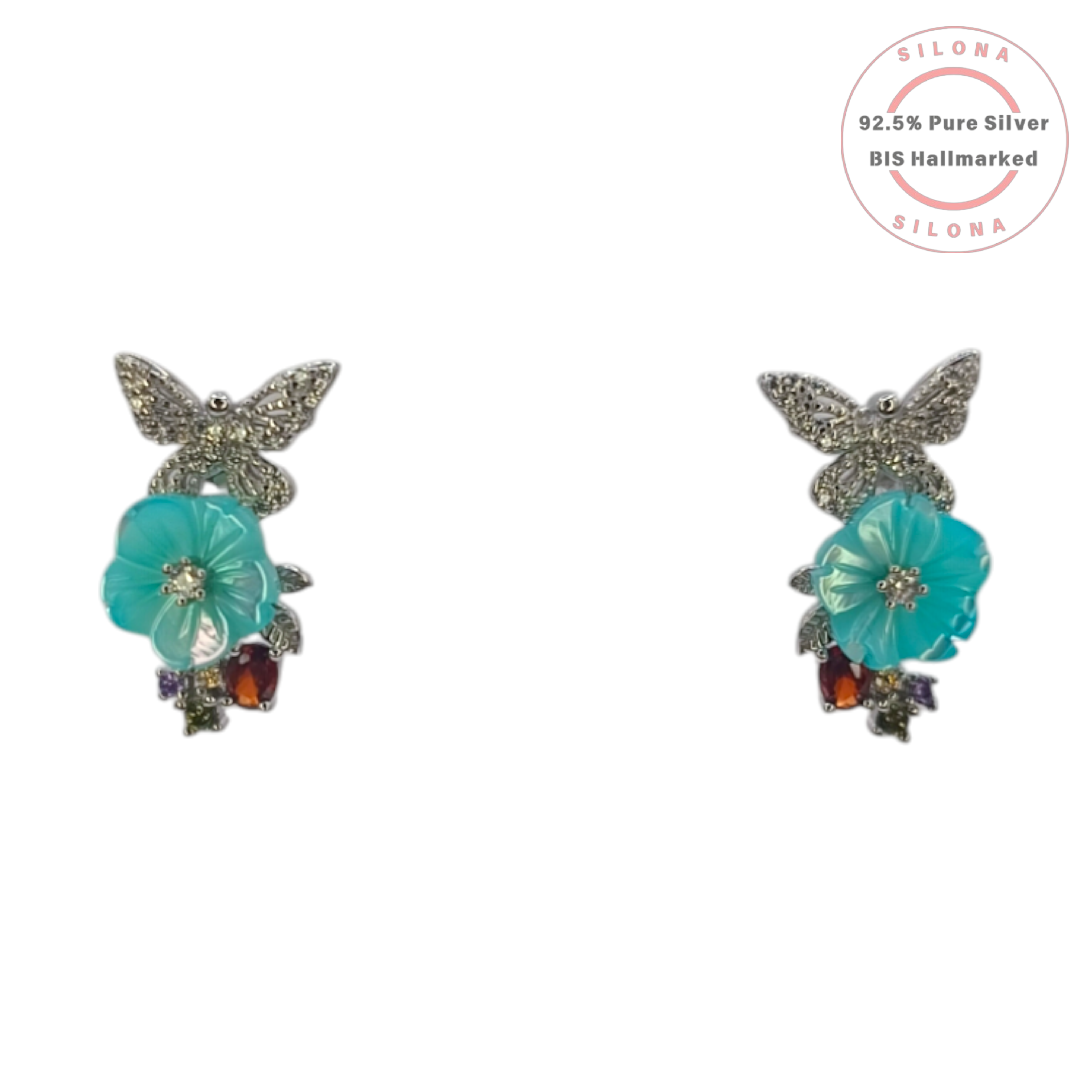 Silona Butterfly and Aqua Flower Necklace and Earring Set in 92.5 Sterling Silver, featuring pavé cubic zirconia and multi-color accent stones.