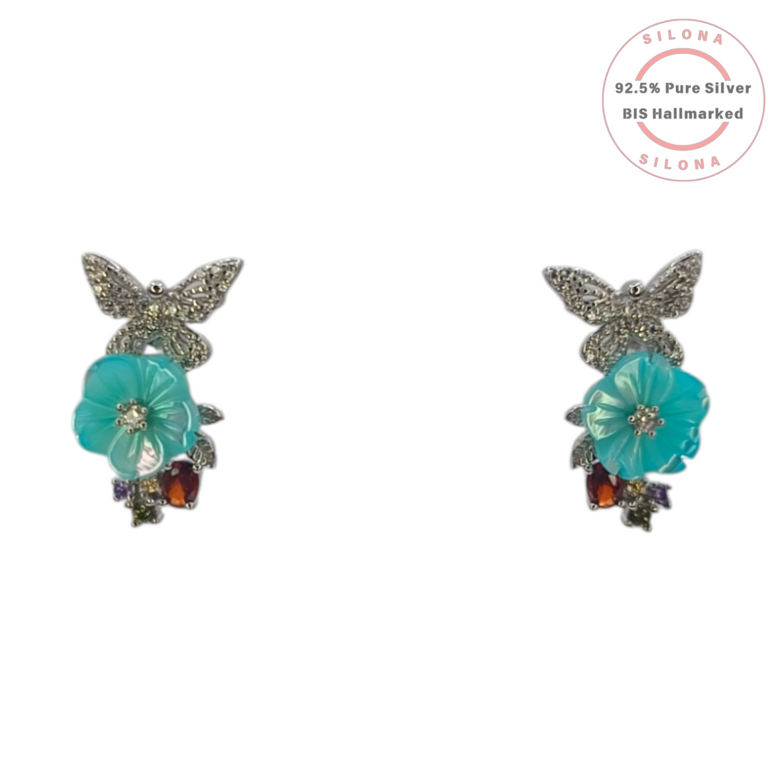 Silona Butterfly and Aqua Flower Necklace and Earring Set in 92.5 Sterling Silver, featuring pavé cubic zirconia and multi-color accent stones.