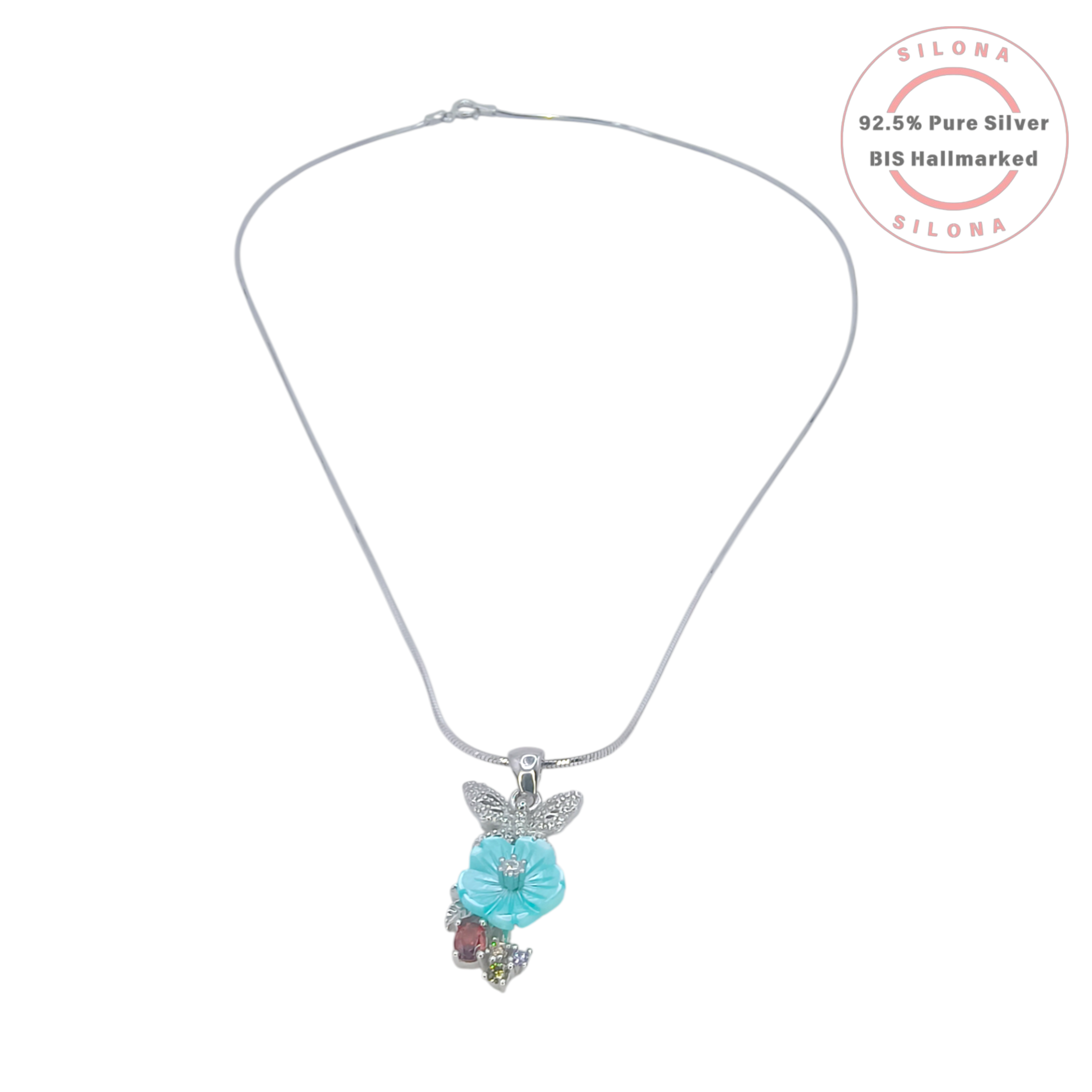 Silona Butterfly and Aqua Flower Necklace and Earring Set in 92.5 Sterling Silver, featuring pavé cubic zirconia and multi-color accent stones.