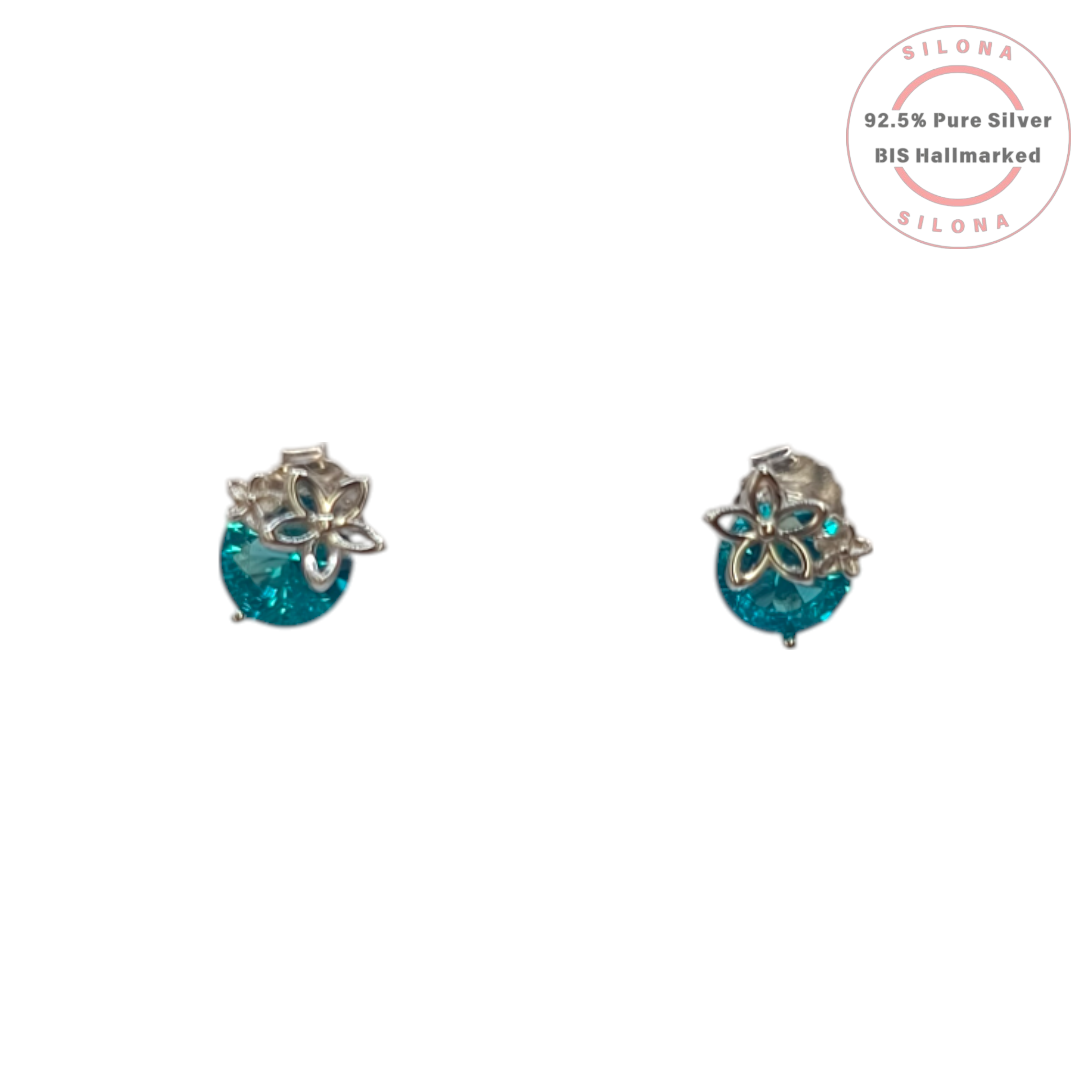 92.5 Sterling Silver Turquoise Floral Stud Earrings with Blue Stones