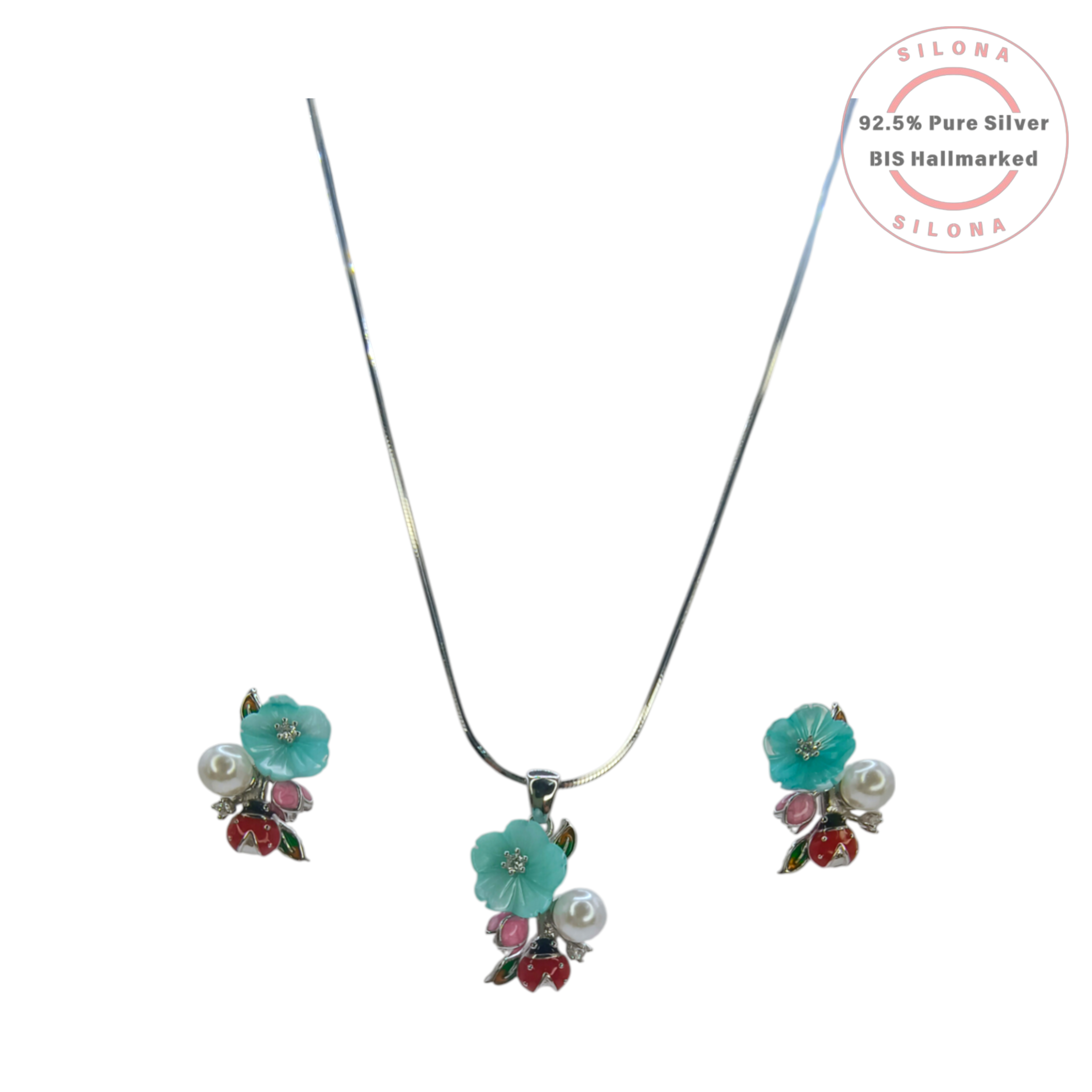 Silona Enamel Garden floral necklace and earring set in 92.5 silver, featuring an aqua flower, pearl, and red ladybug on a white background.