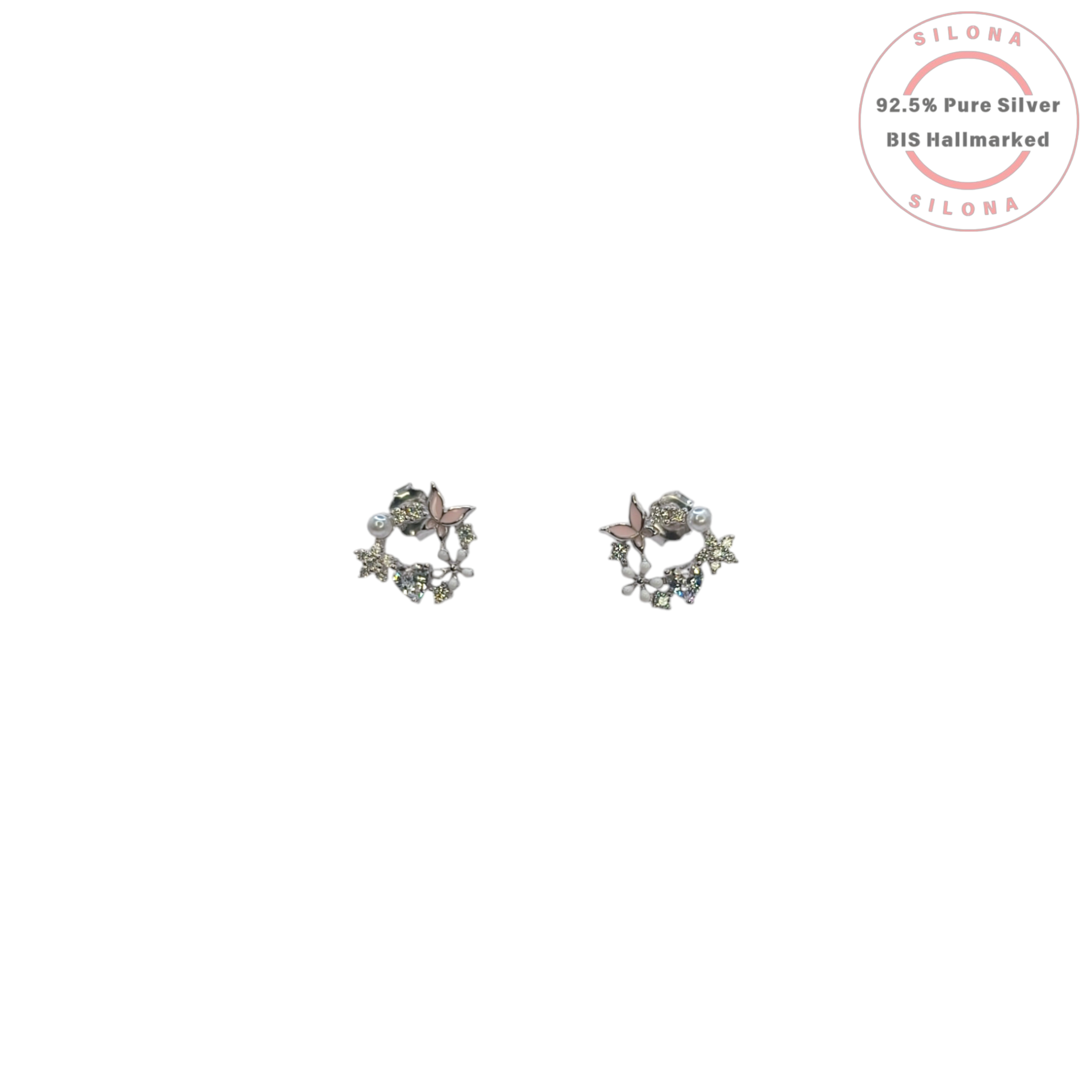 A pair of Silona's Enchanted Butterfly Wreath Stud Earrings in 92.5 silver, featuring a pink enamel butterfly, white pearls, and multi-tonal sparkling stones on a white background.