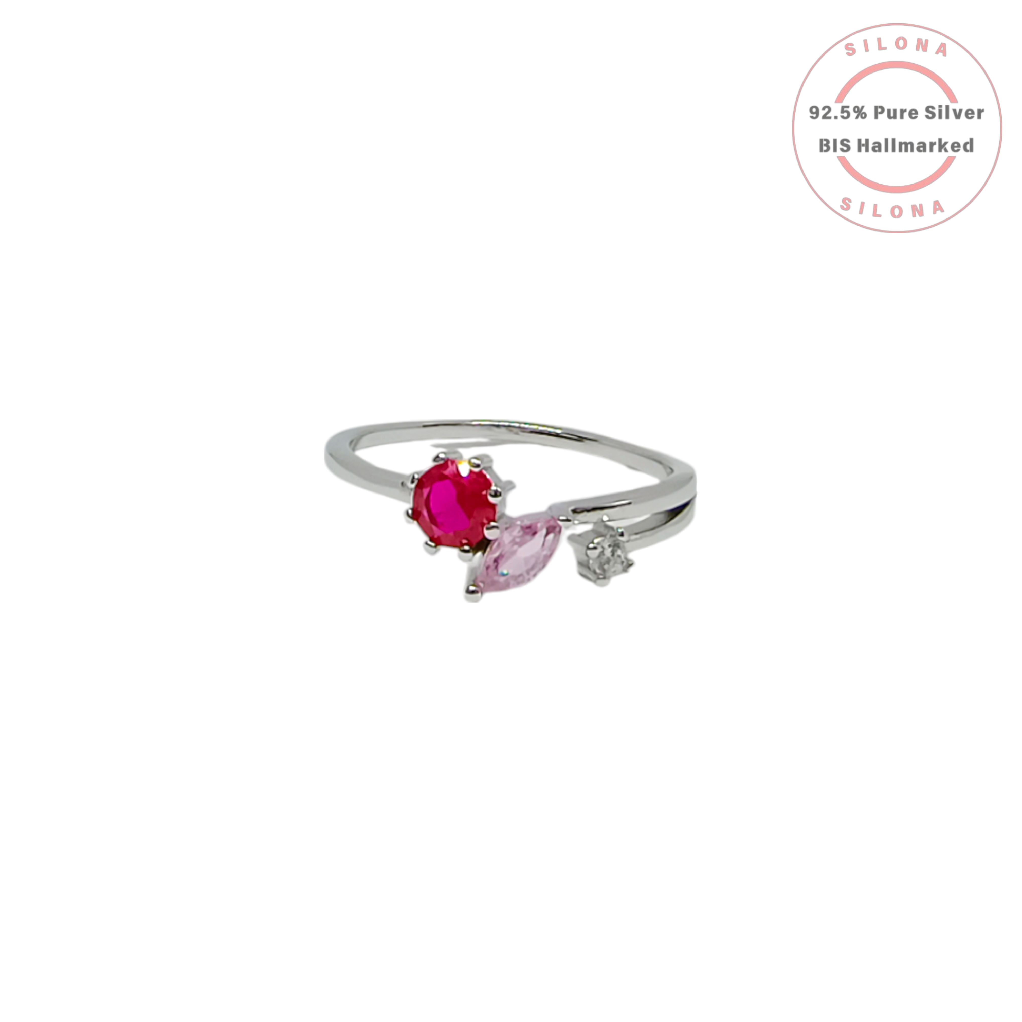 Silona's Floral Cluster Ring in 92.5 silver, featuring a round ruby-hued stone, a marquise pink stone, and a clear accent stone on a split shank band.