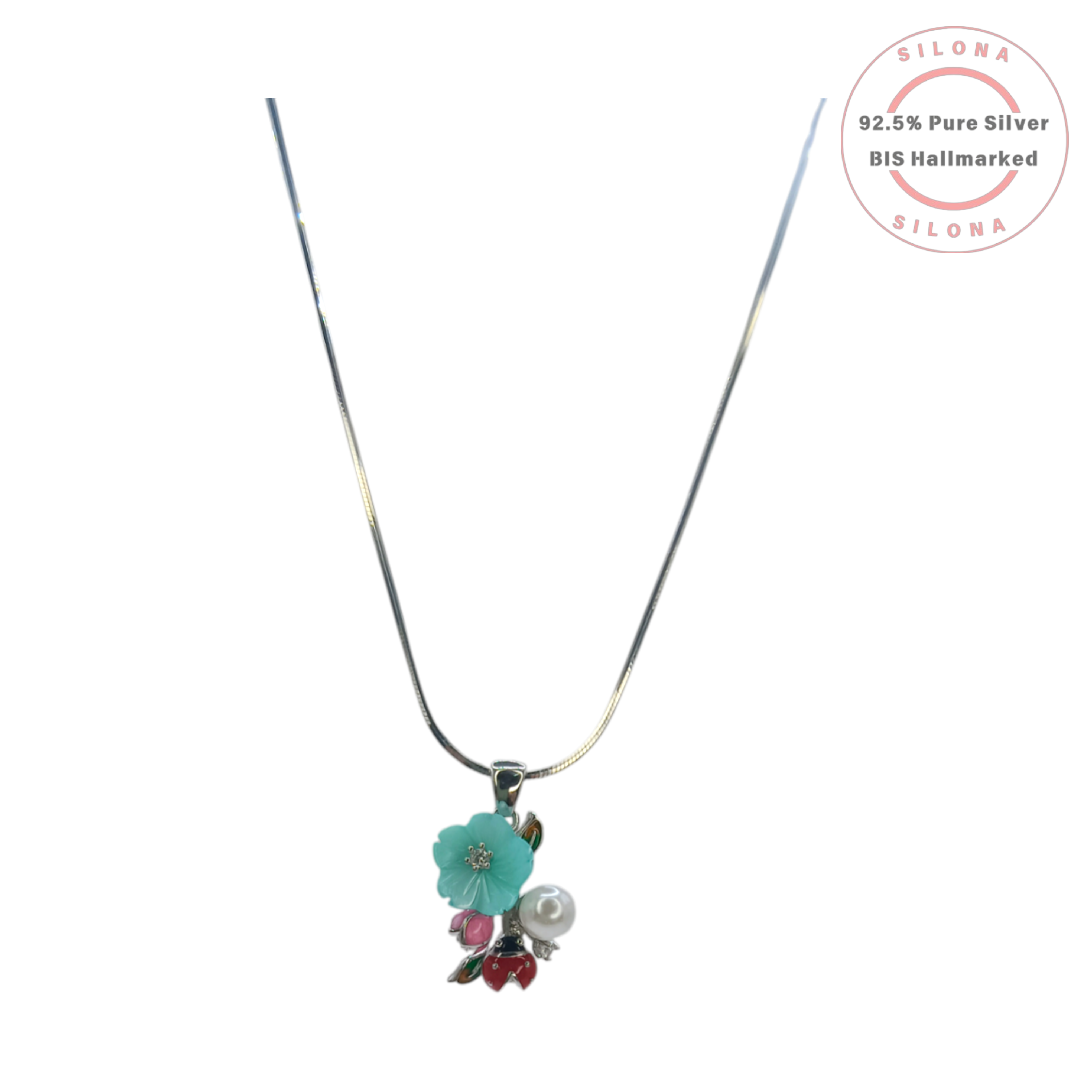 Silona Enamel Garden floral necklace and earring set in 92.5 silver, featuring an aqua flower, pearl, and red ladybug on a white background.