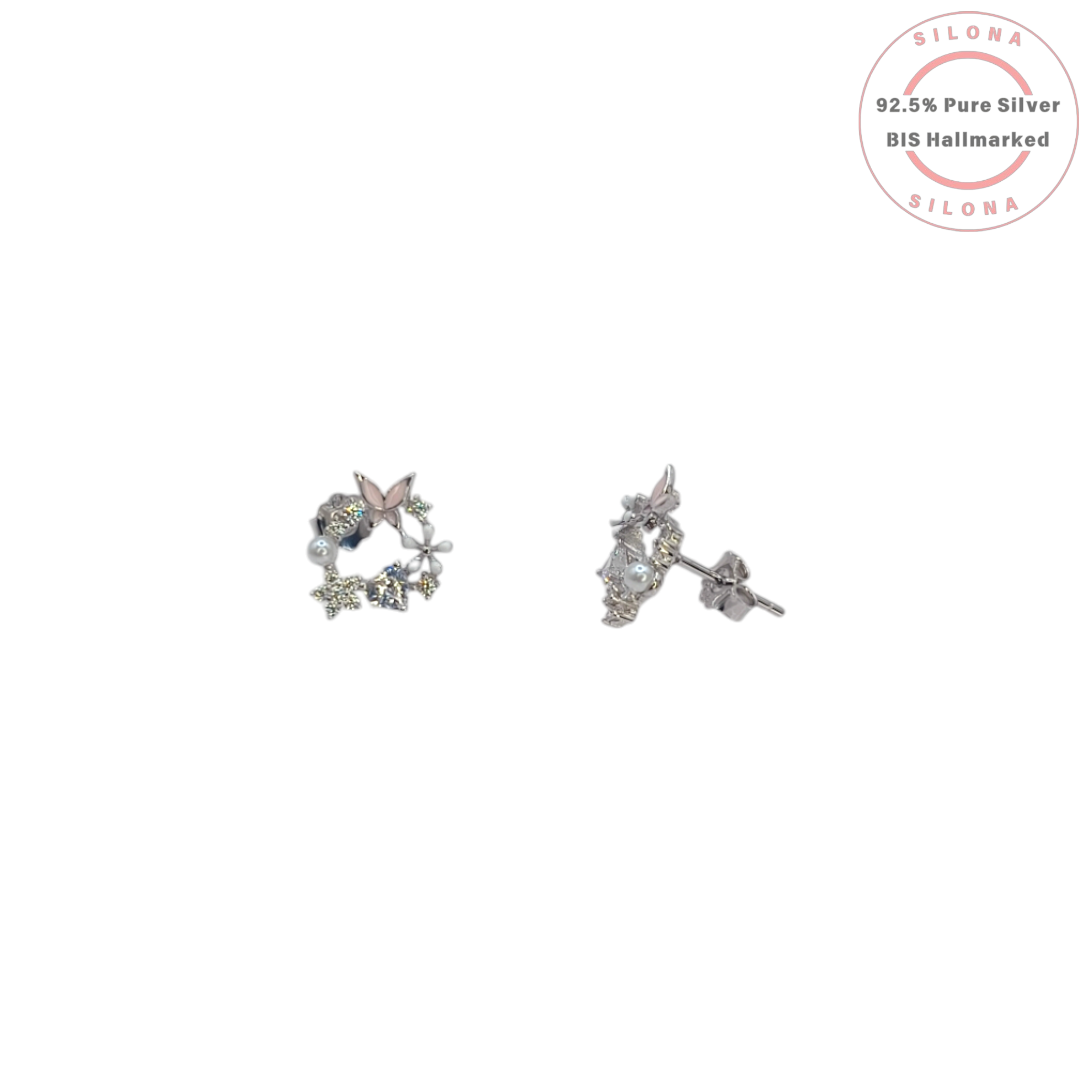 A pair of Silona's Enchanted Butterfly Wreath Stud Earrings in 92.5 silver, featuring a pink enamel butterfly, white pearls, and multi-tonal sparkling stones on a white background.