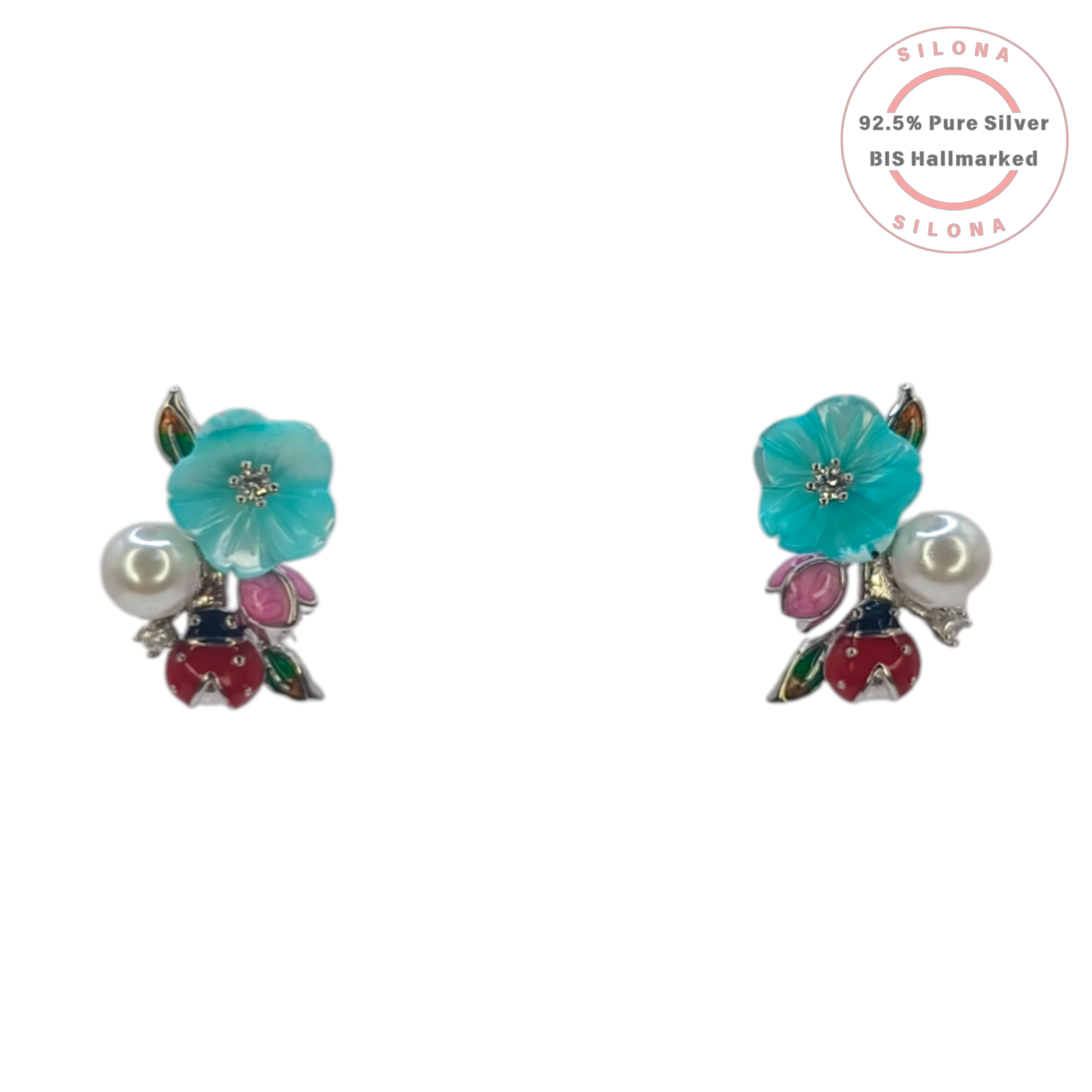 Silona Enamel Garden floral necklace and earring set in 92.5 silver, featuring an aqua flower, pearl, and red ladybug on a white background.