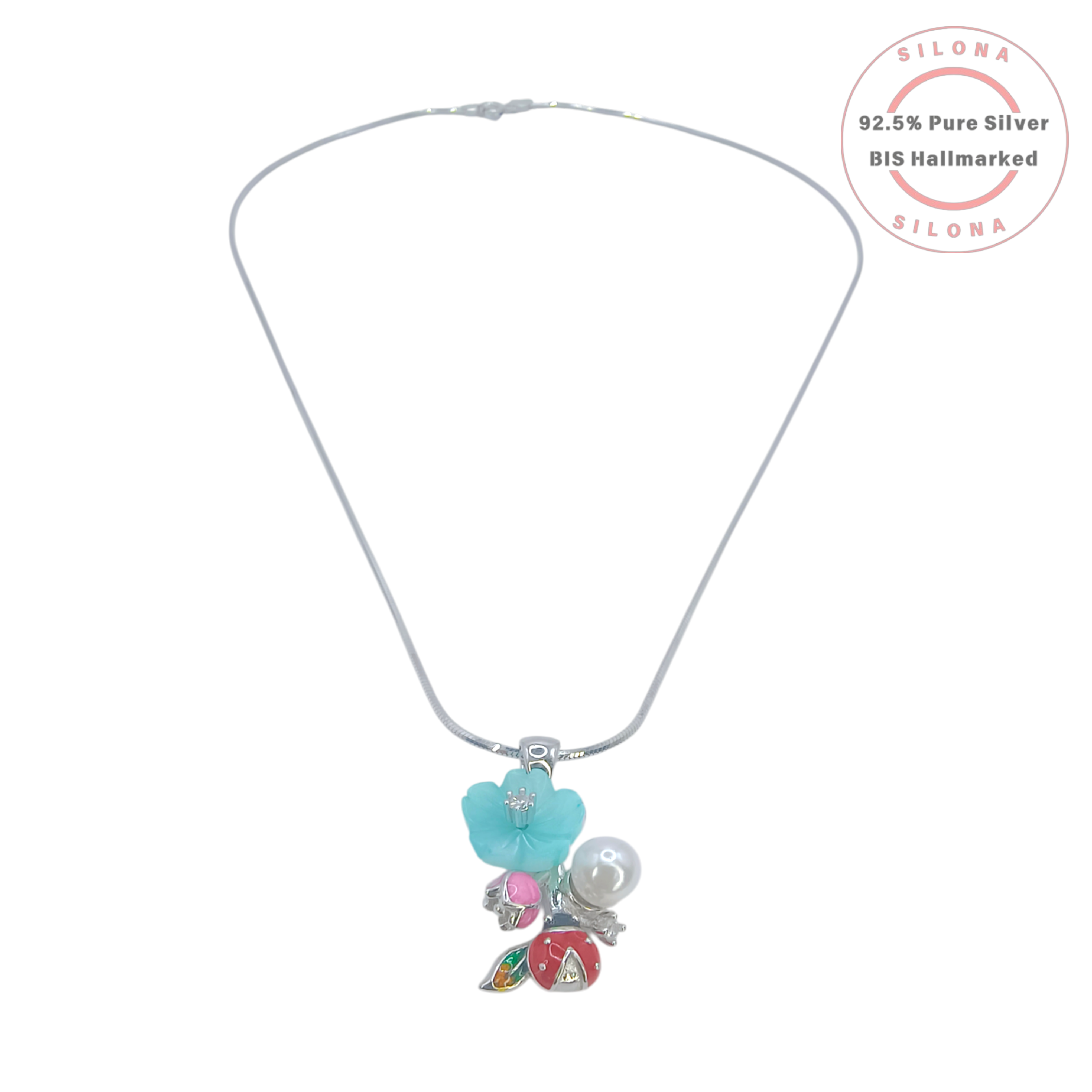 Silona Enamel Garden floral necklace and earring set in 92.5 silver, featuring an aqua flower, pearl, and red ladybug on a white background.