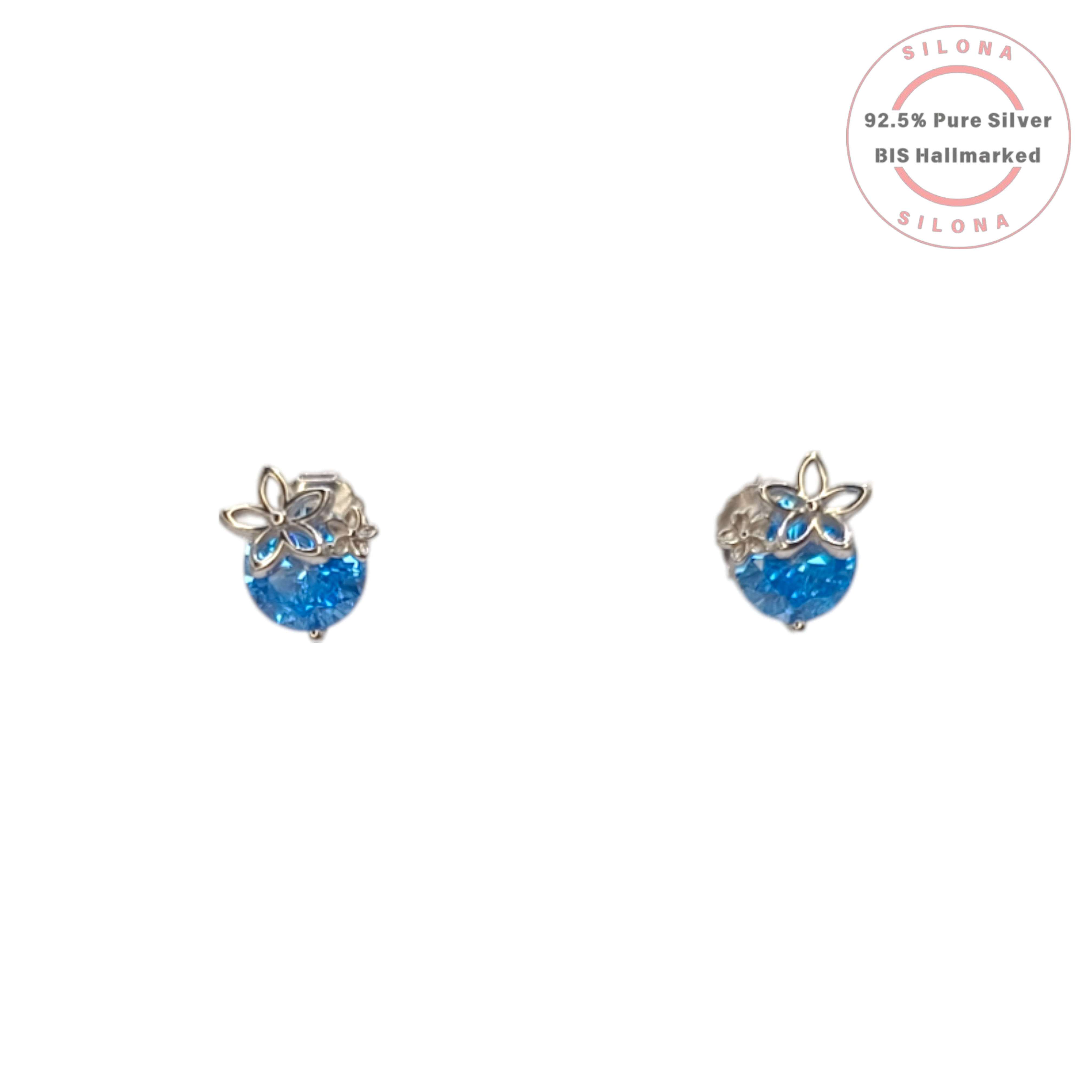 925 Silver Blue Stone Floral Stud Earrings | BIS Hallmarked