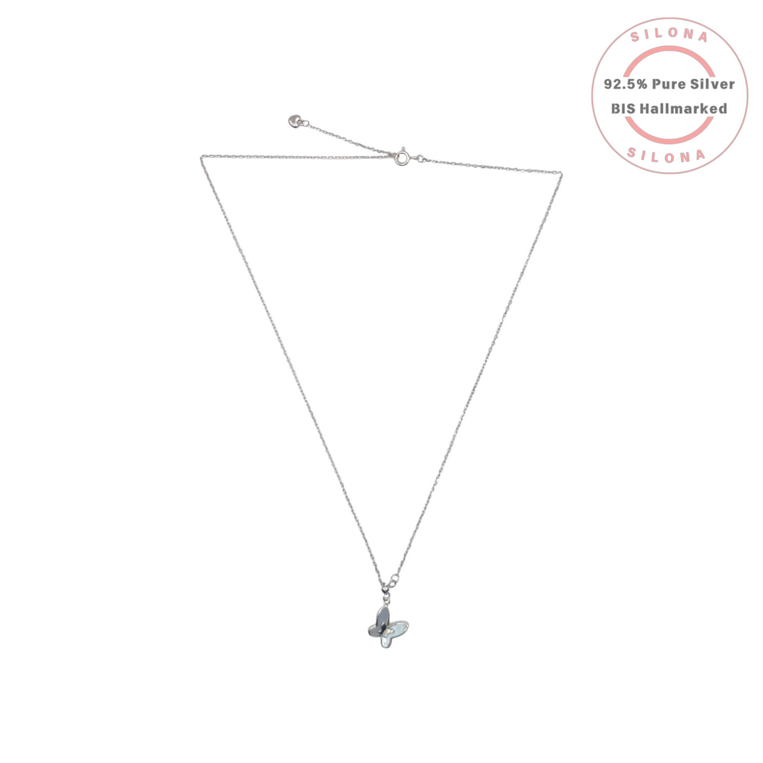 Delicate 92.5 silver necklace with a butterfly pendant inlaid with white and grey mother-of-pearl, on a white background.