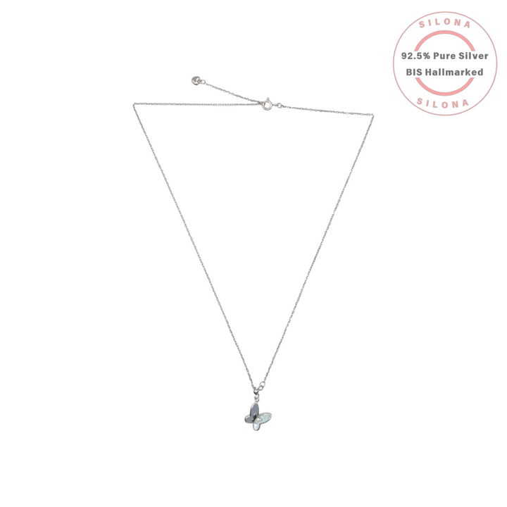 Delicate 92.5 silver necklace with a butterfly pendant inlaid with white and grey mother-of-pearl, on a white background.
