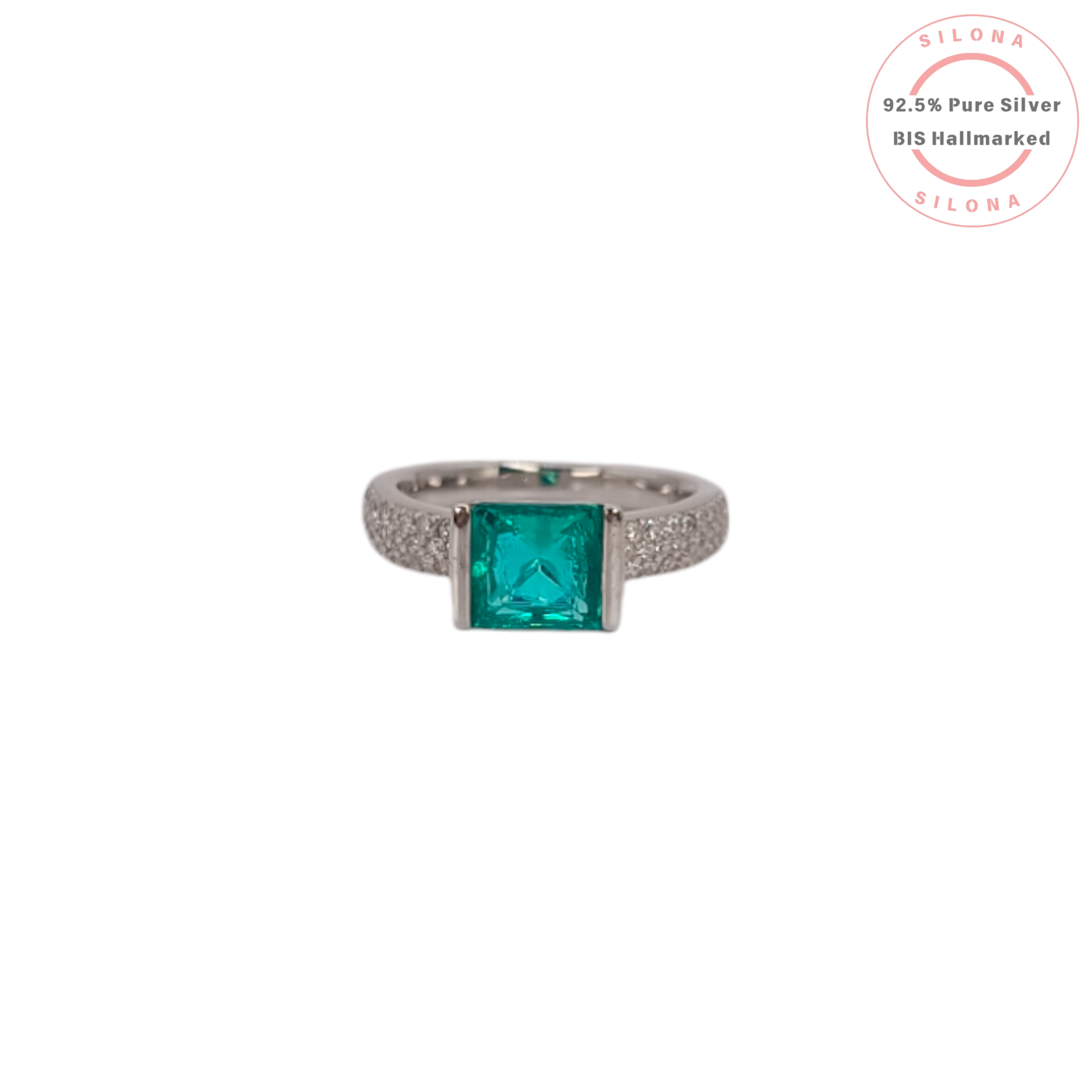 Front view of a sterling silver statement ring with a large, square princess-cut aqua-blue stone and a pavé-set cubic zirconia band.