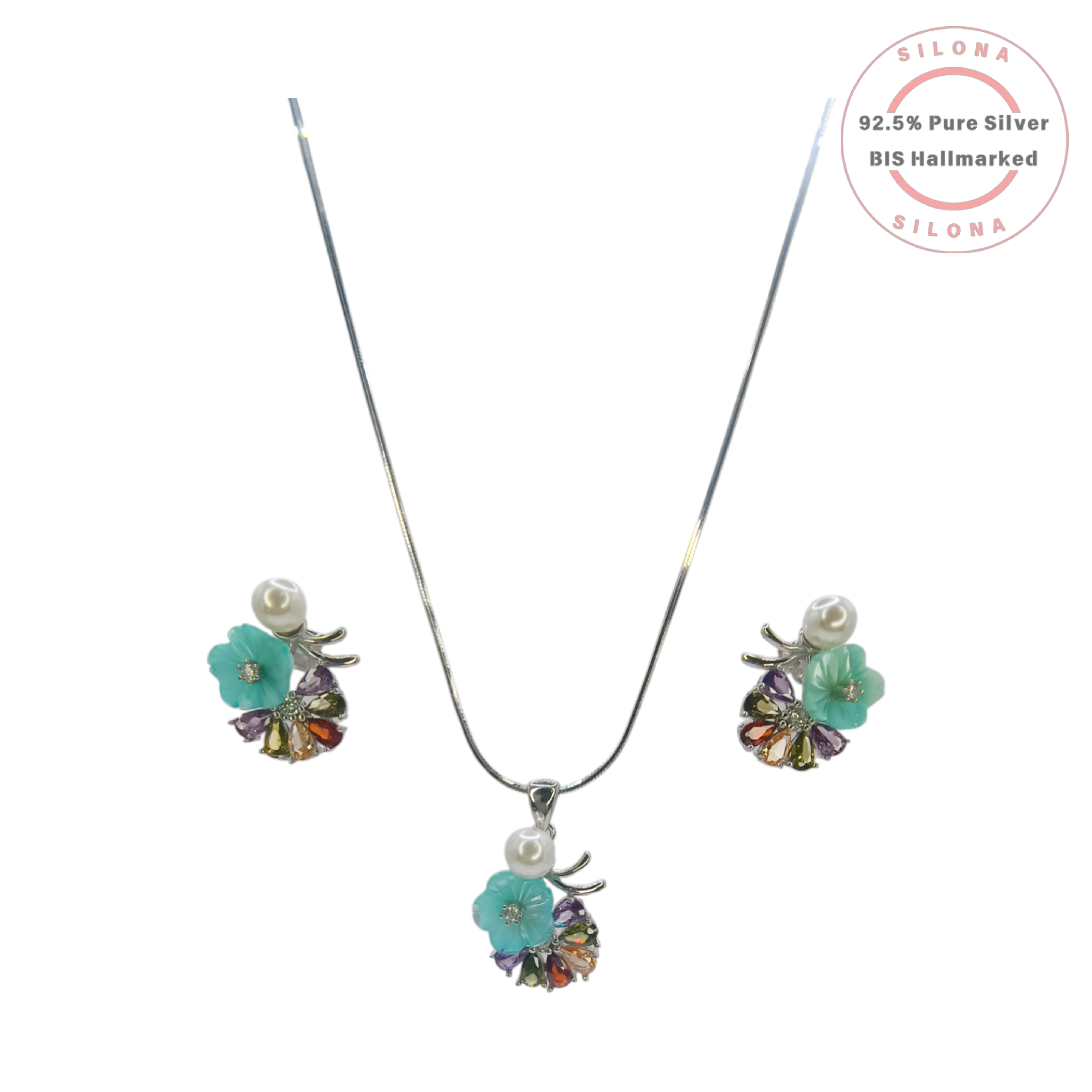 Silona Floral Necklace and Earring Set in 92.5 Silver, featuring a carved aqua flower, a white pearl, and a cluster of multi-colored pear-shaped stones on a white background.