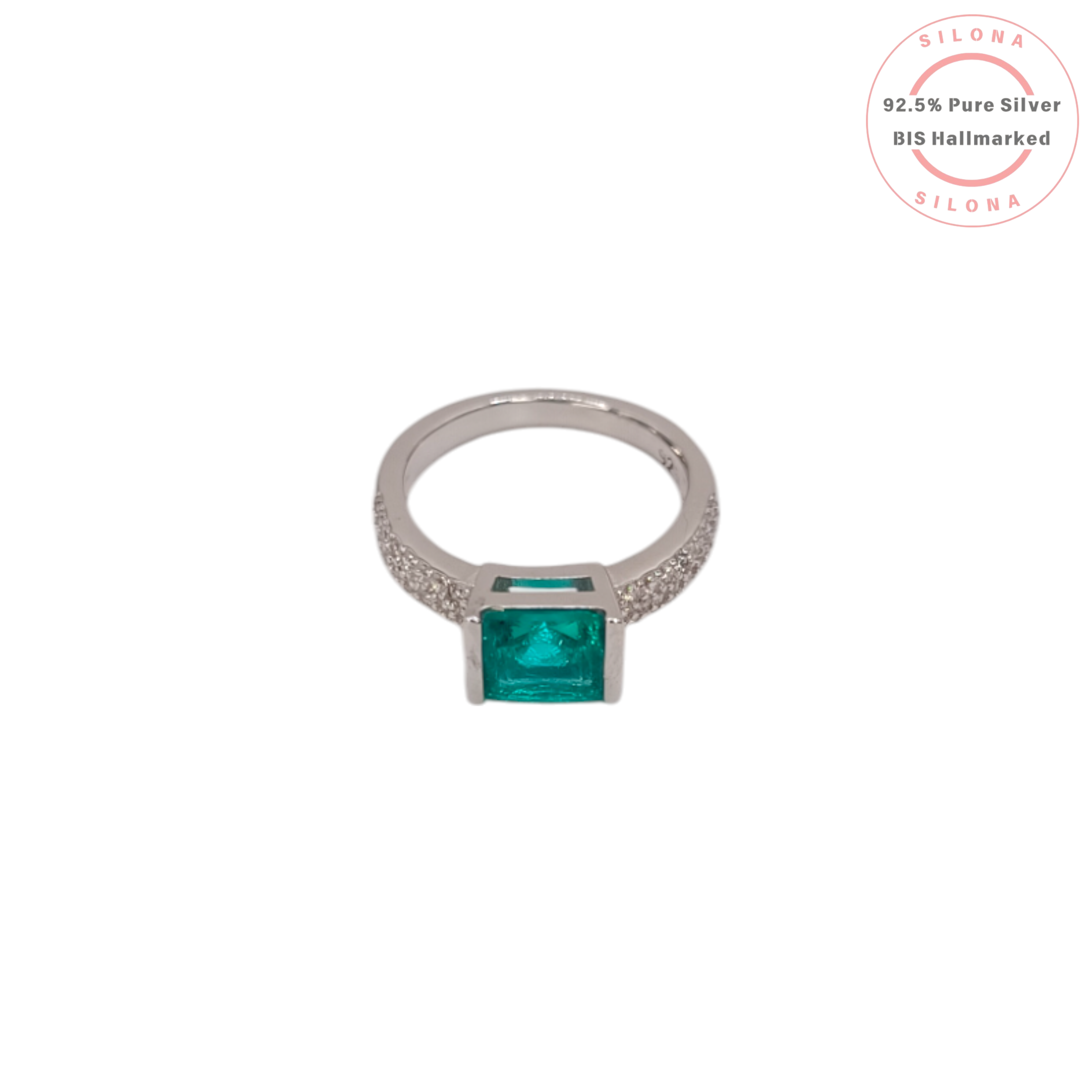 Front view of a sterling silver statement ring with a large, square princess-cut aqua-blue stone and a pavé-set cubic zirconia band.