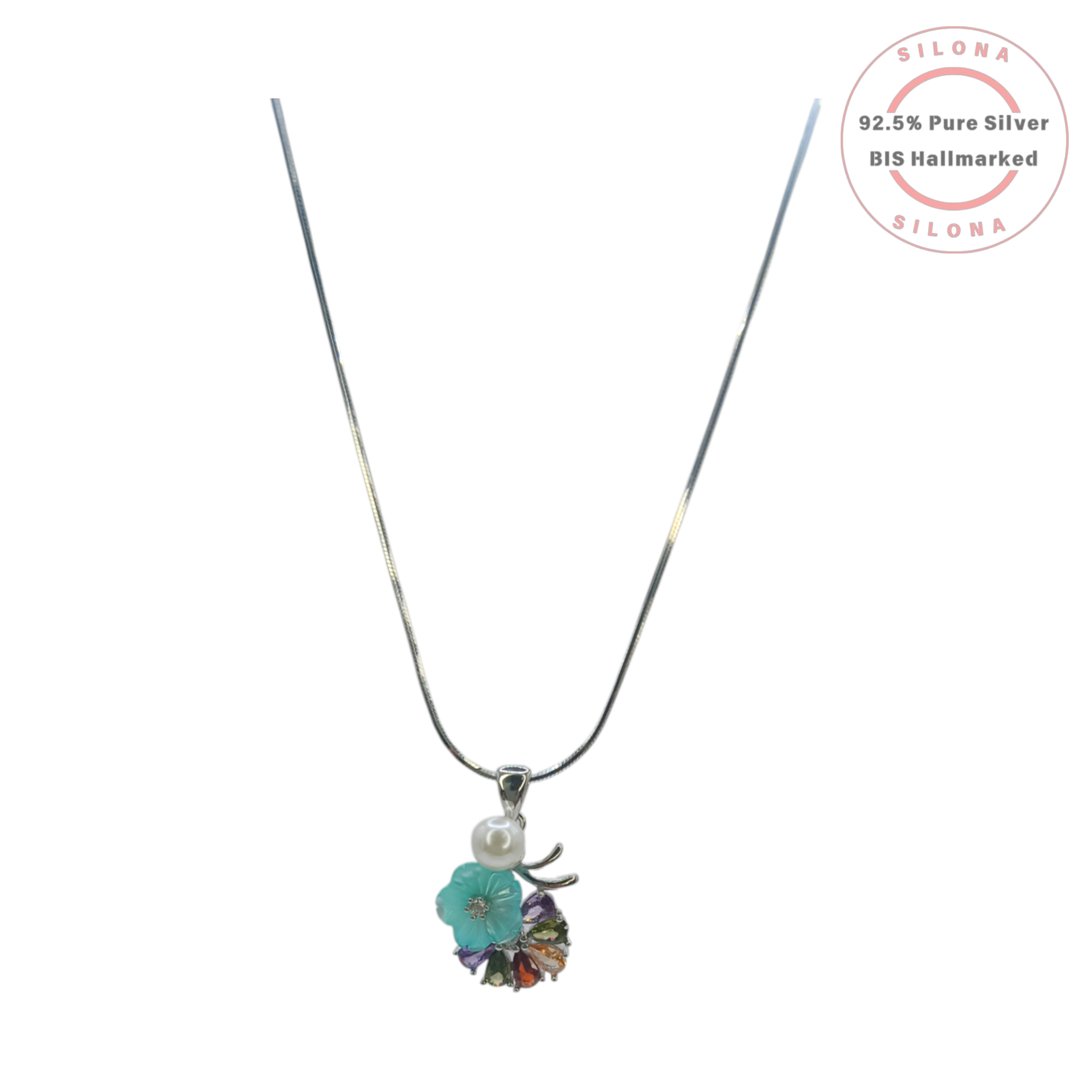 Silona Floral Necklace and Earring Set in 92.5 Silver, featuring a carved aqua flower, a white pearl, and a cluster of multi-colored pear-shaped stones on a white background.