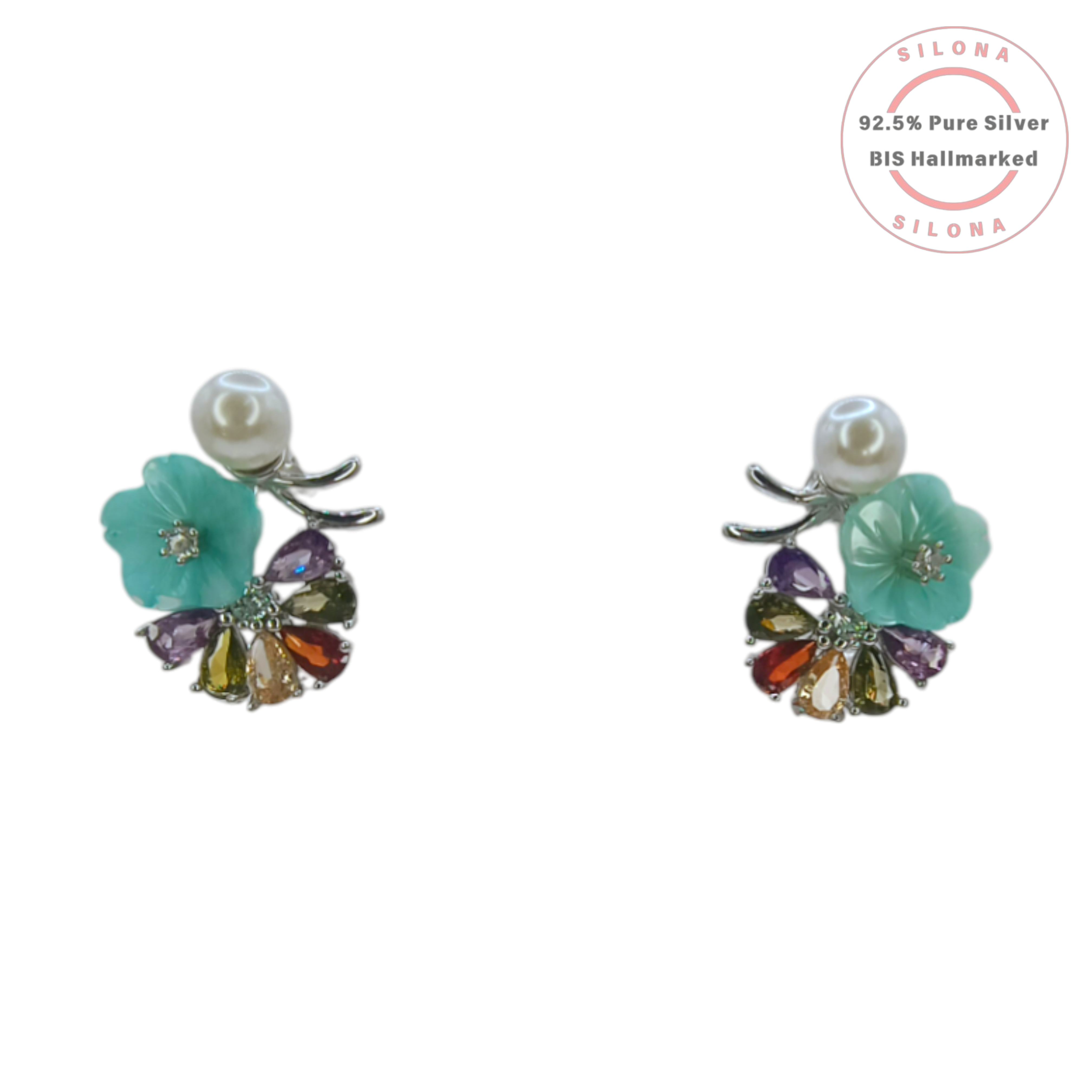 Silona Floral Necklace and Earring Set in 92.5 Silver, featuring a carved aqua flower, a white pearl, and a cluster of multi-colored pear-shaped stones on a white background.