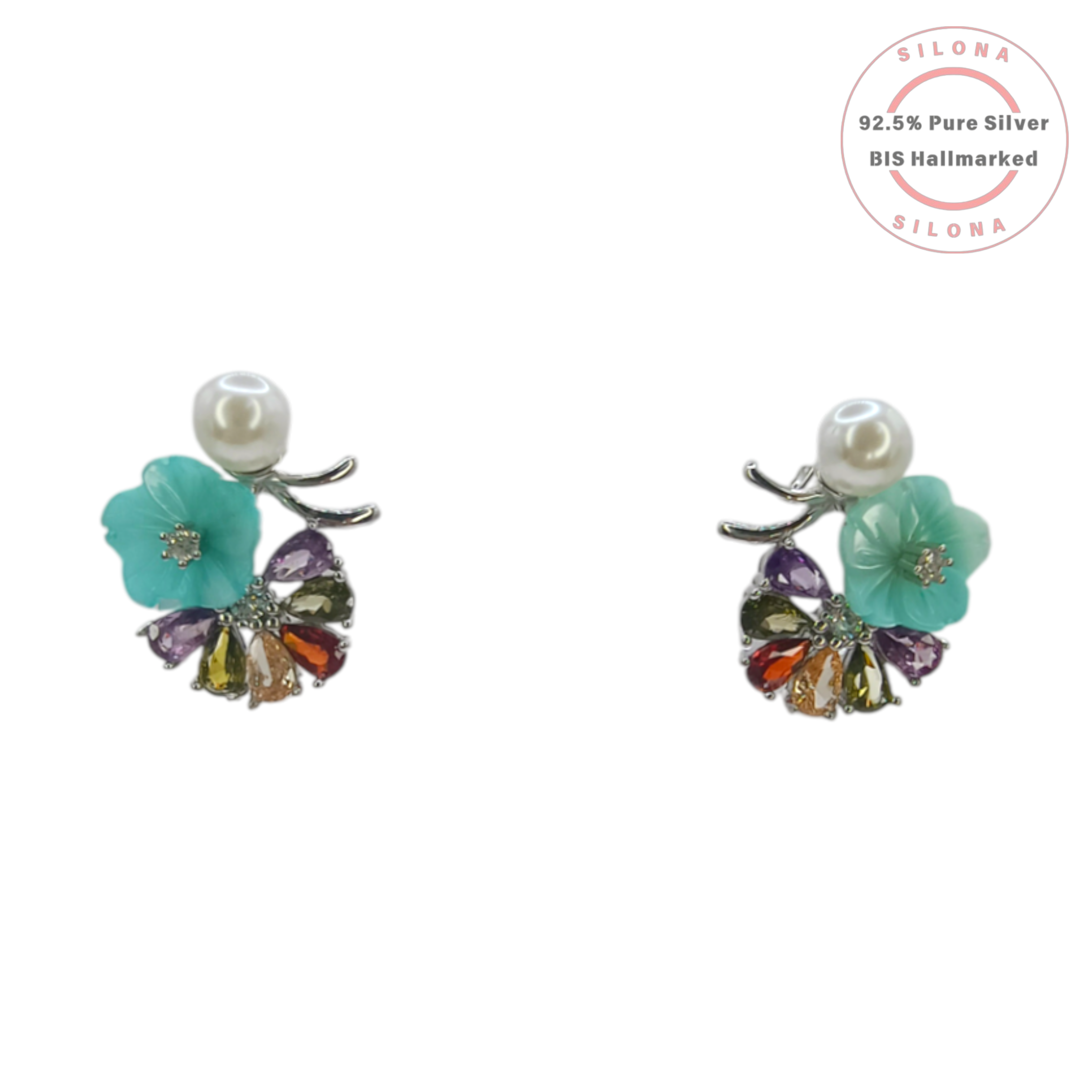 Silona Floral Necklace and Earring Set in 92.5 Silver, featuring a carved aqua flower, a white pearl, and a cluster of multi-colored pear-shaped stones on a white background.