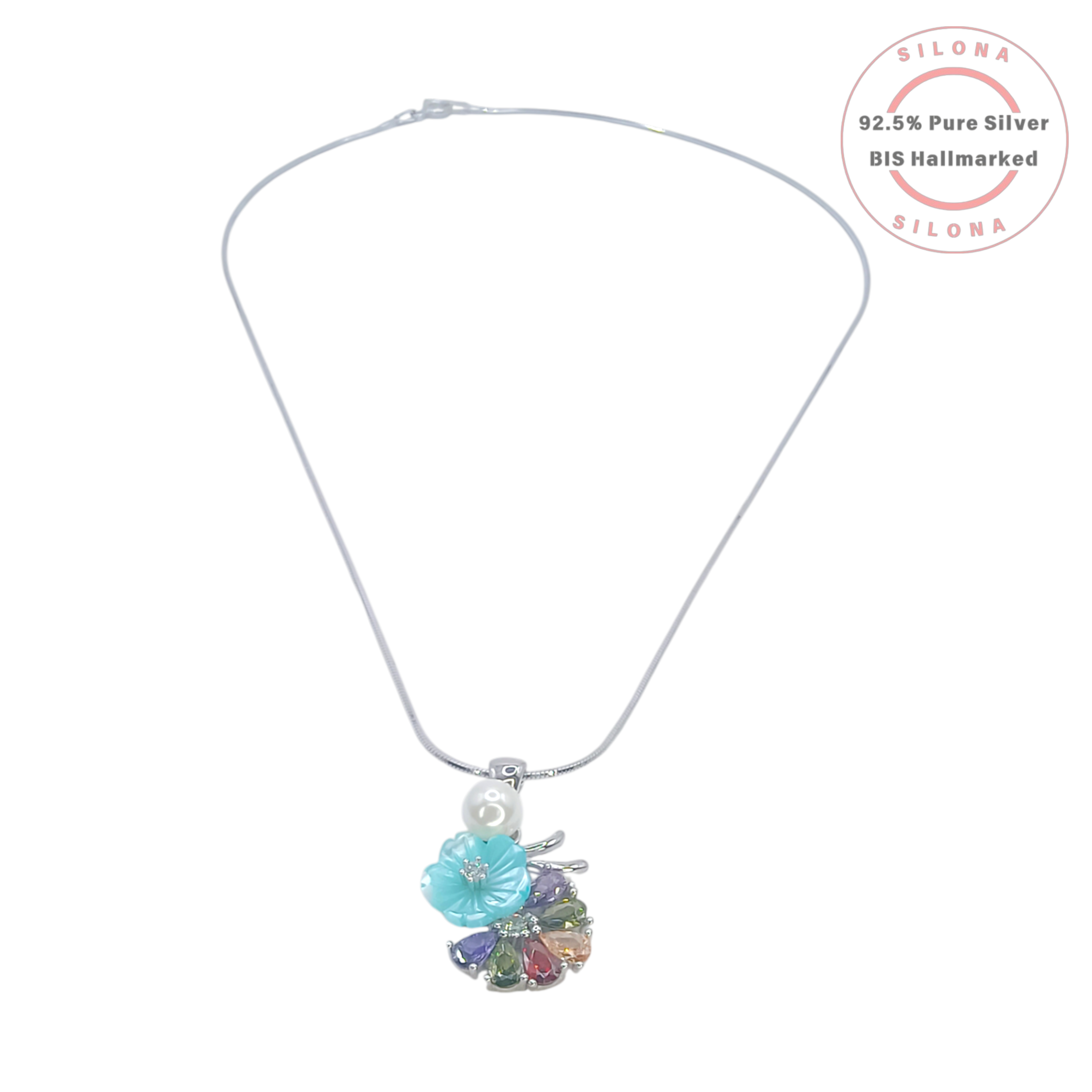 Silona Floral Necklace and Earring Set in 92.5 Silver, featuring a carved aqua flower, a white pearl, and a cluster of multi-colored pear-shaped stones on a white background.