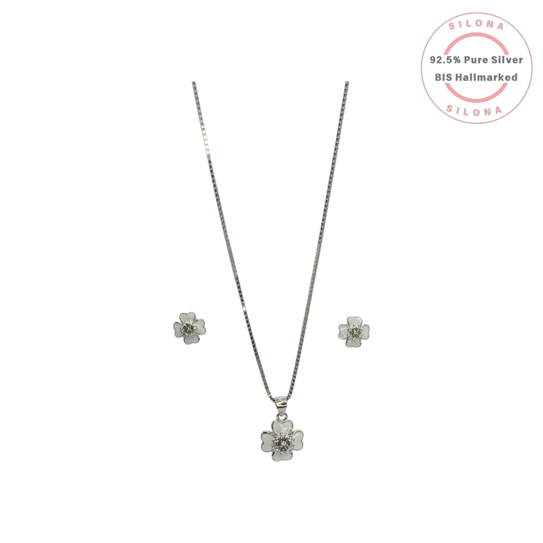 925 Silver Floral Necklace Set with Clear Stones and White Enamel | BIS Hallmarked