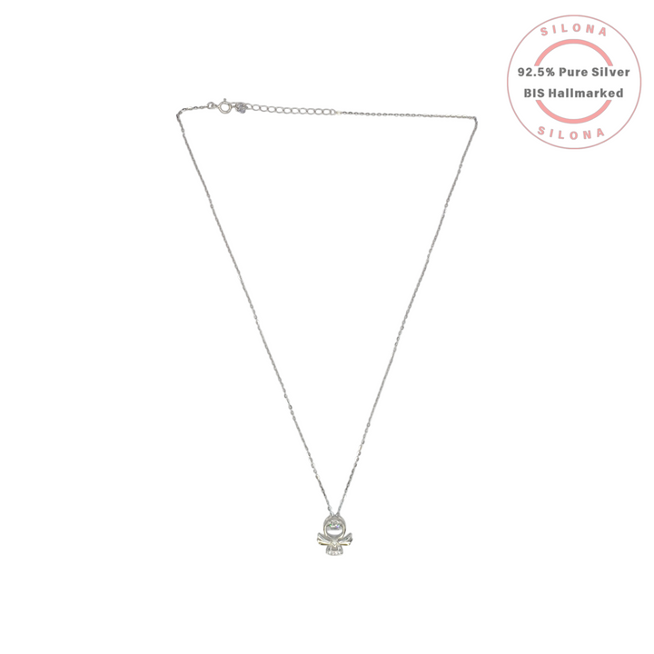 Dainty Guardian Angel pendant necklace in 92.5 sterling silver with a round solitaire cubic zirconia, on a white background.