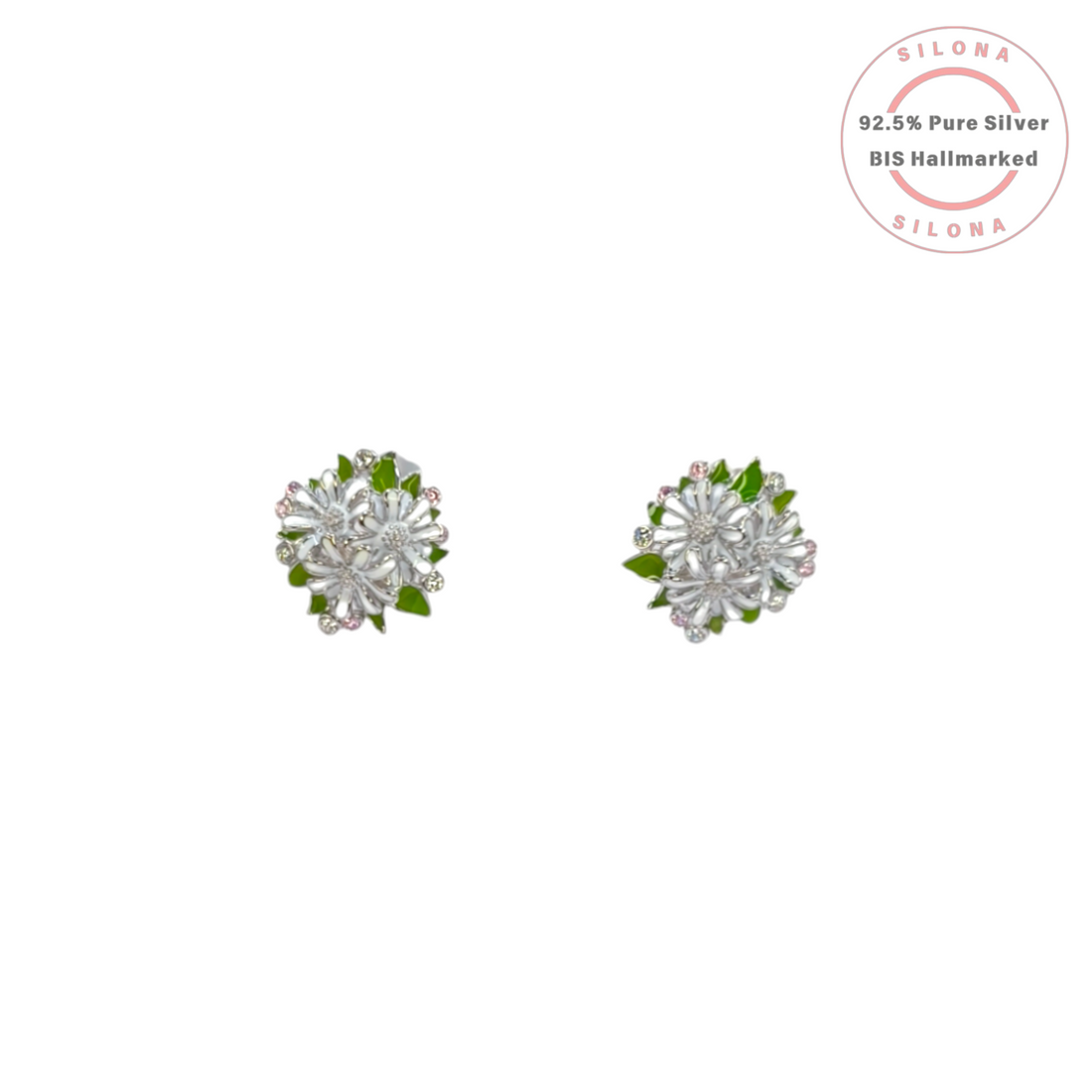 A pair of Enamel Bloom Daisy Cluster Stud Earrings in 92.5 silver, featuring white and green enamel with sparkling cubic zirconia, on a white background with a Silona BIS Hallmarked logo.