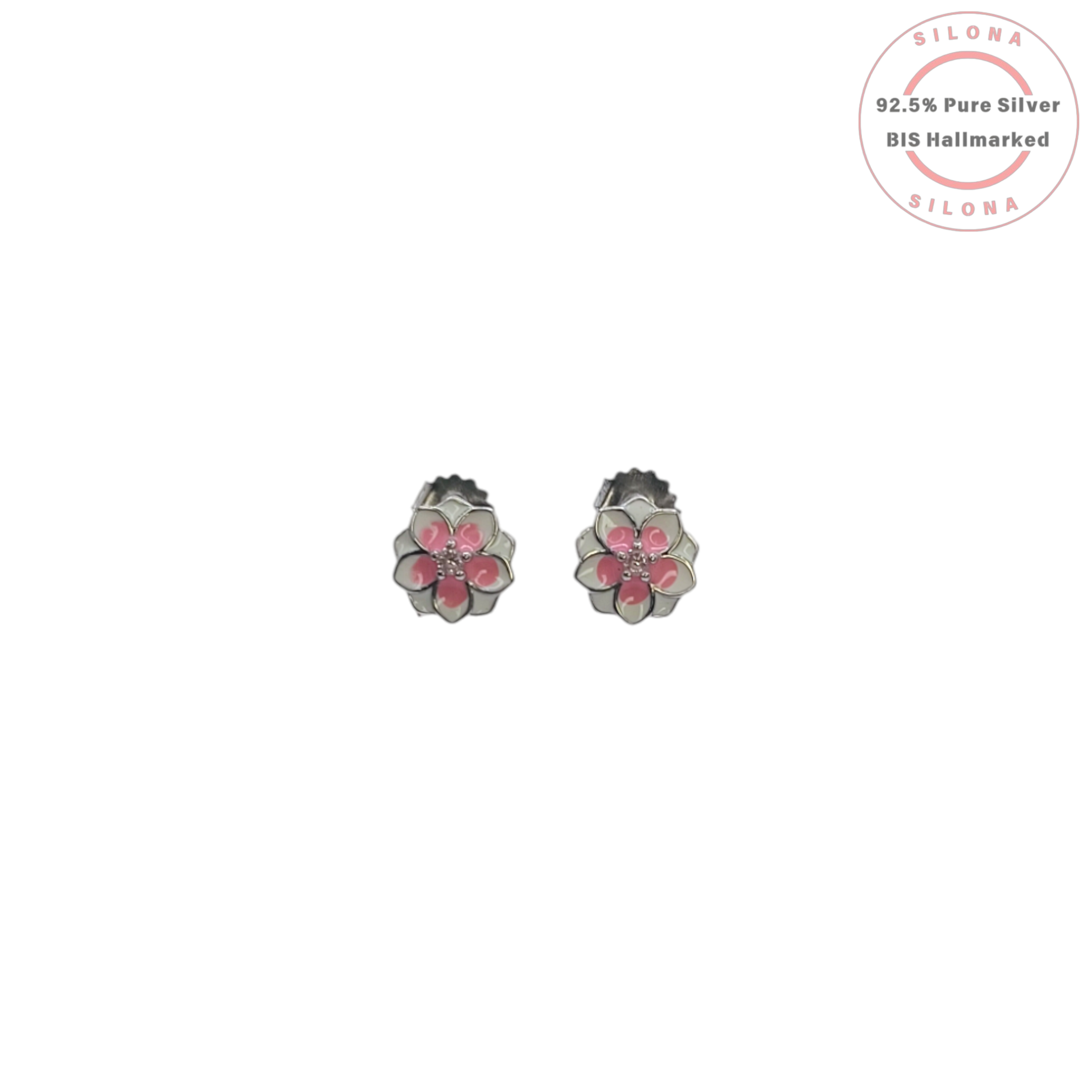 A pair of Silona's silver stud earrings shaped like small flowers with pink and white enamel petals and tiny pink center stones, on a white background.