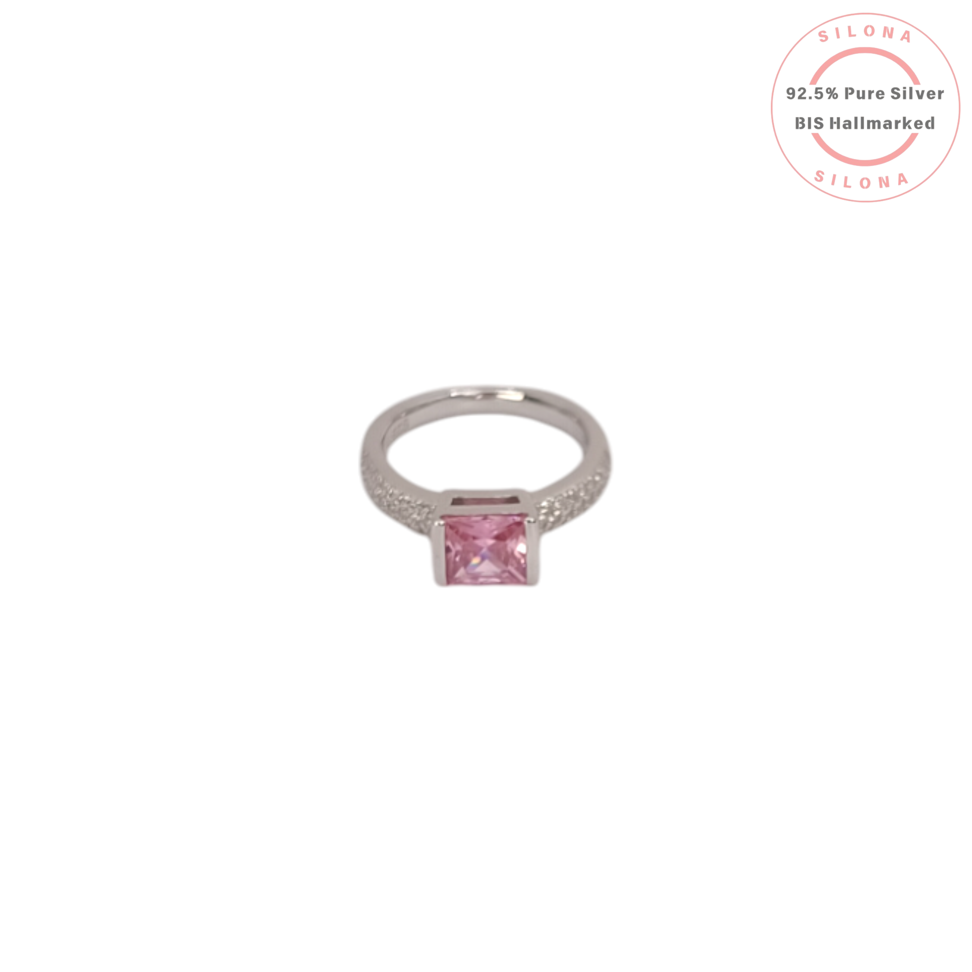 Silona's Pavé Princess Cut Ring in 92.5 silver, featuring a square pink cubic zirconia stone on a white background.