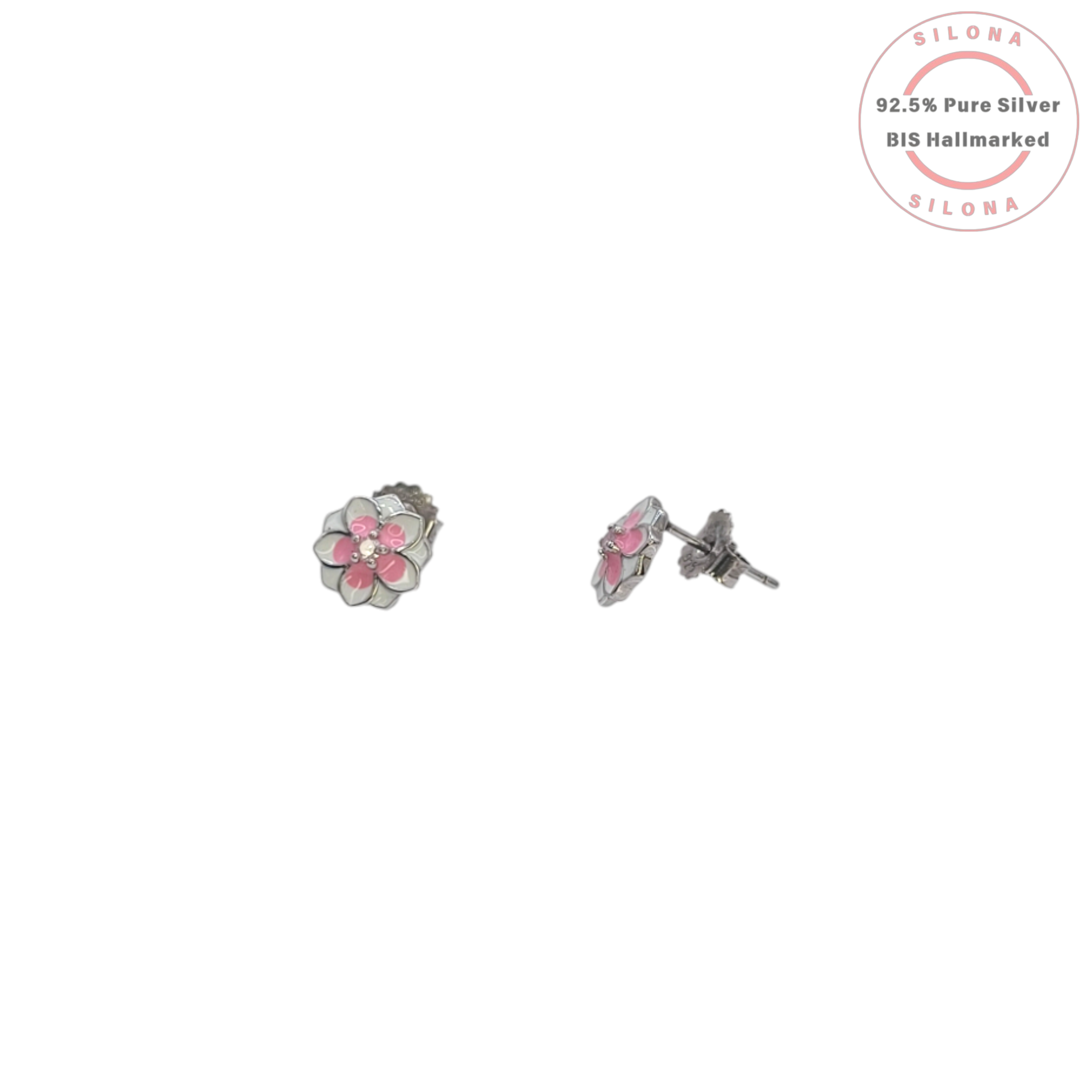 A pair of Silona's silver stud earrings shaped like small flowers with pink and white enamel petals and tiny pink center stones, on a white background.