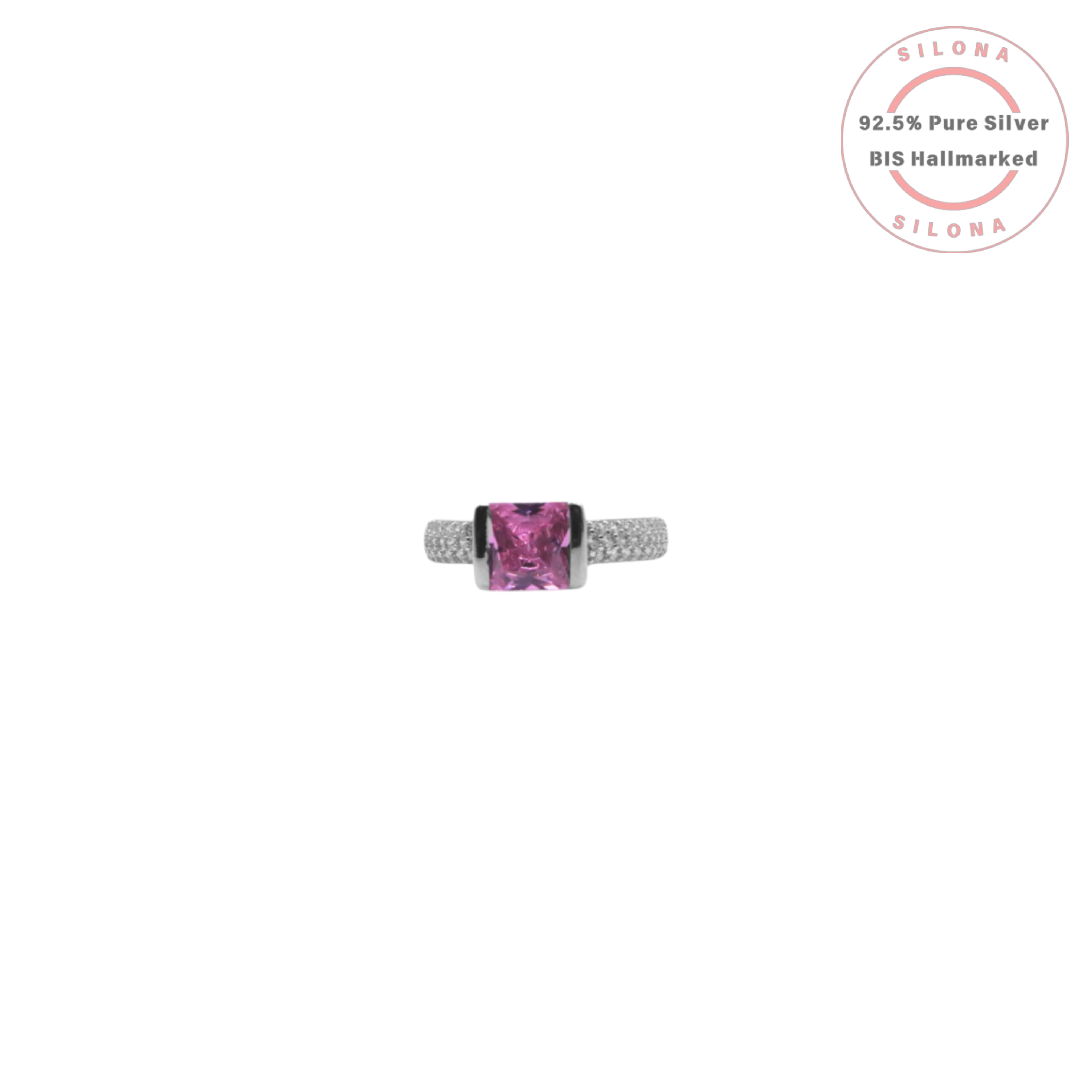 Silona's Pavé Princess Cut Ring in 92.5 silver, featuring a square pink cubic zirconia stone on a white background.