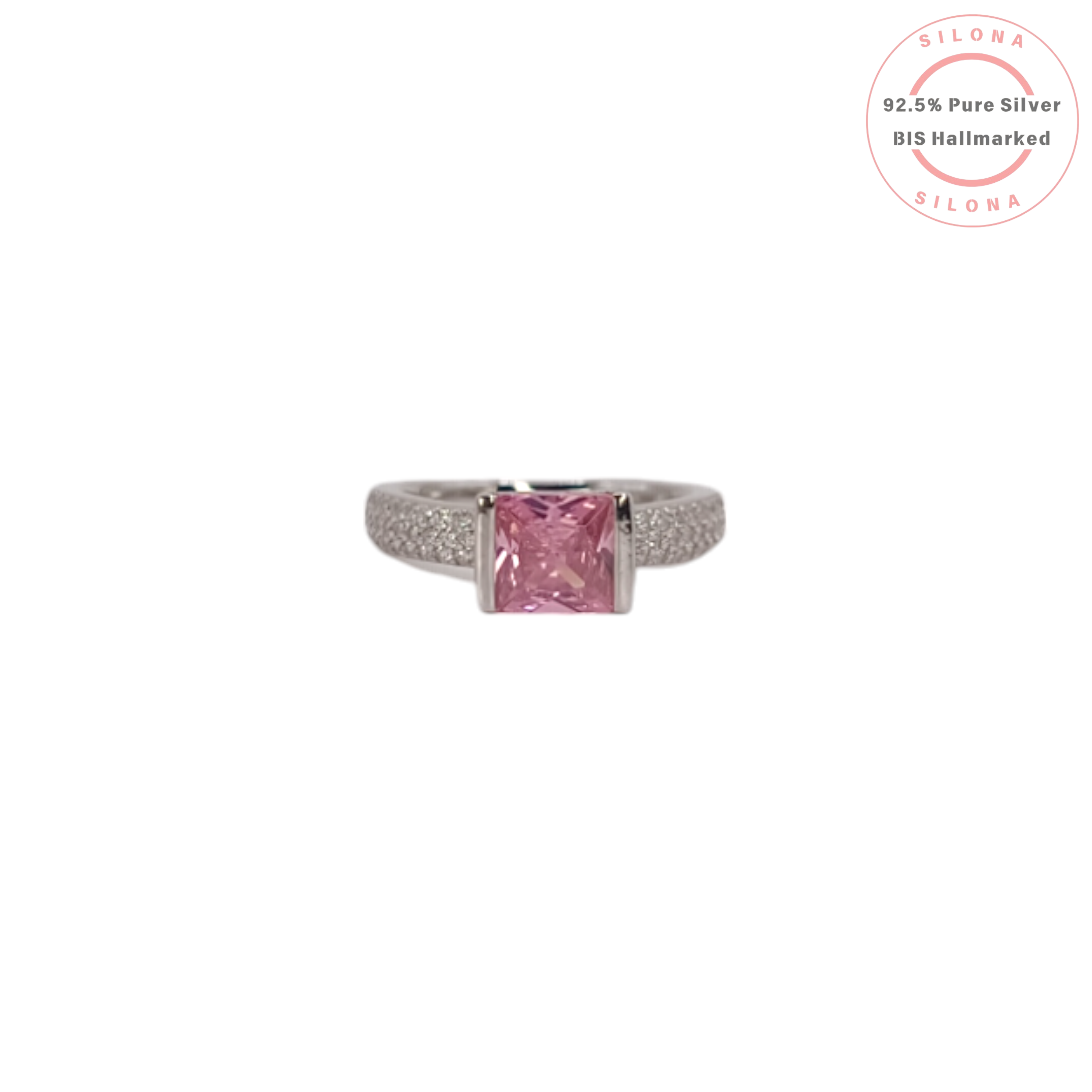 Silona's Pavé Princess Cut Ring in 92.5 silver, featuring a square pink cubic zirconia stone on a white background.