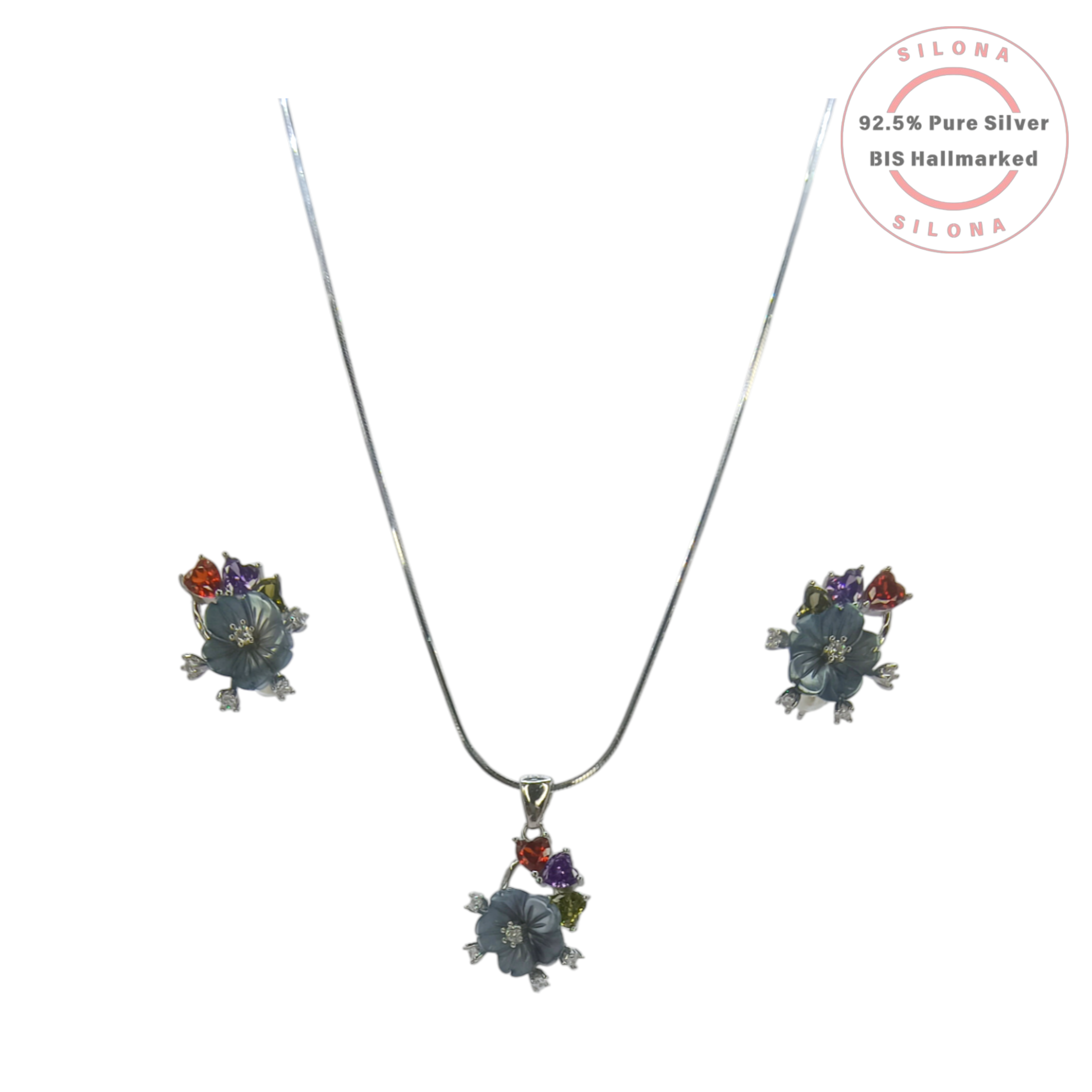 Silona Artisanal Floral Bouquet Necklace and Earring Set in 92.5 silver, featuring a grey-blue flower and multi-coloured stones.