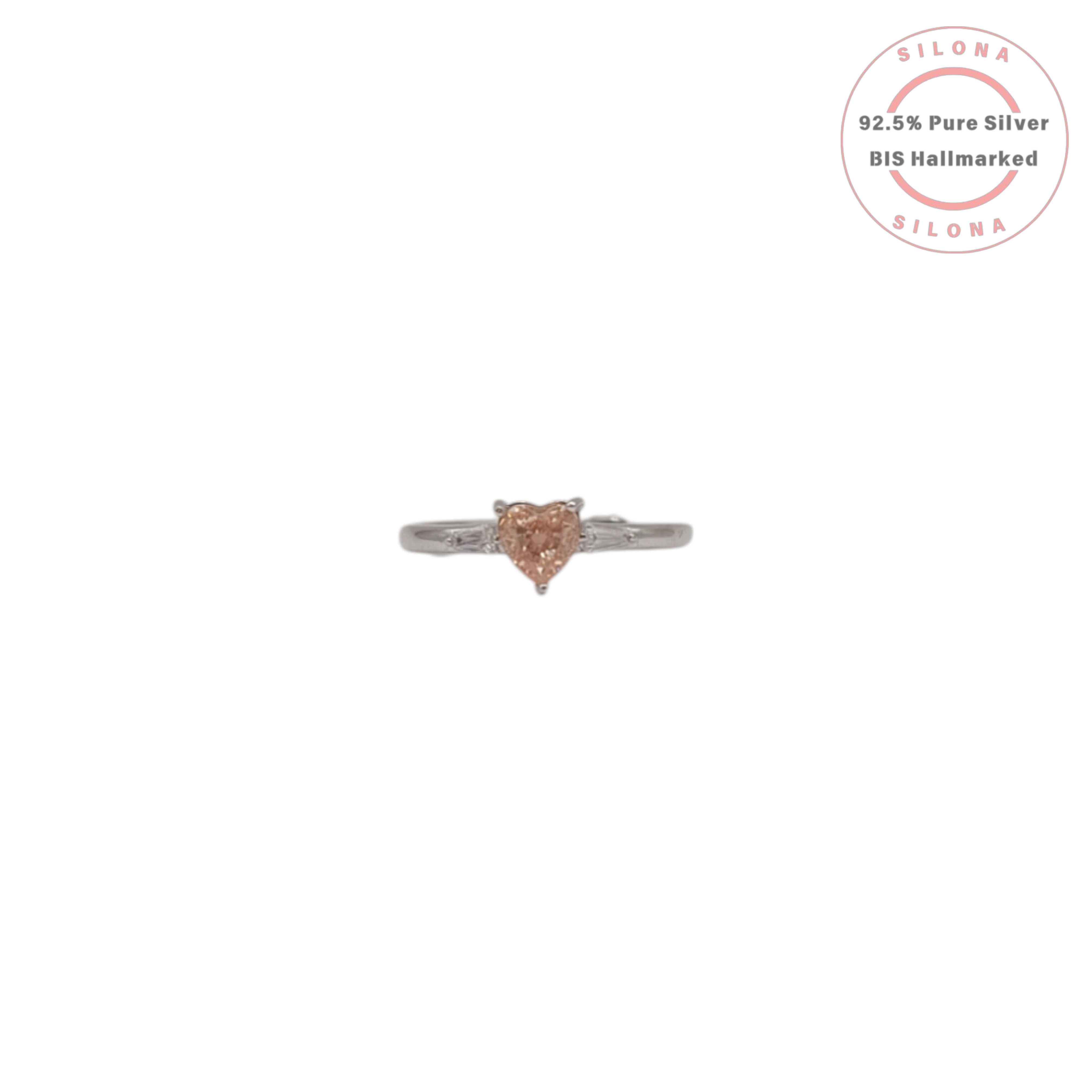 Silona Champagne Heart Solitaire Ring in 92.5 Silver with baguette accents on a white background.