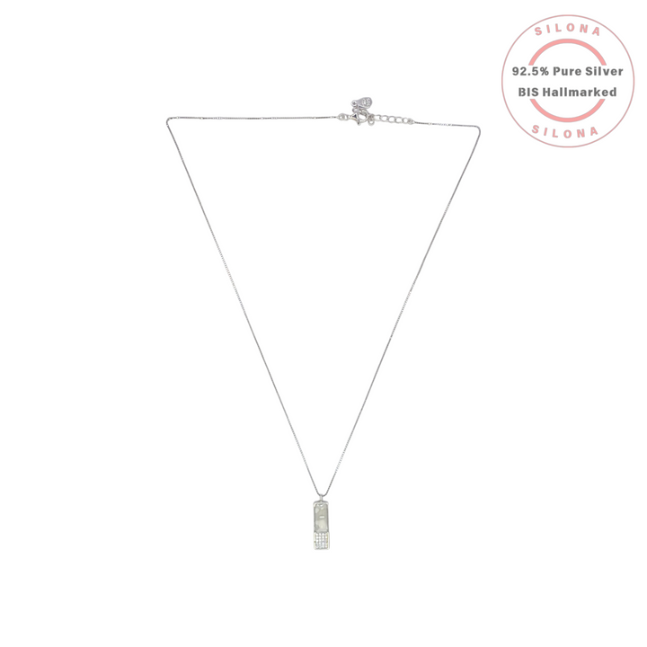 Silona Y2K Flip Phone Necklace in 92.5 sterling silver, featuring a mother-of-pearl and cubic zirconia pendant on a delicate box chain against a white background.