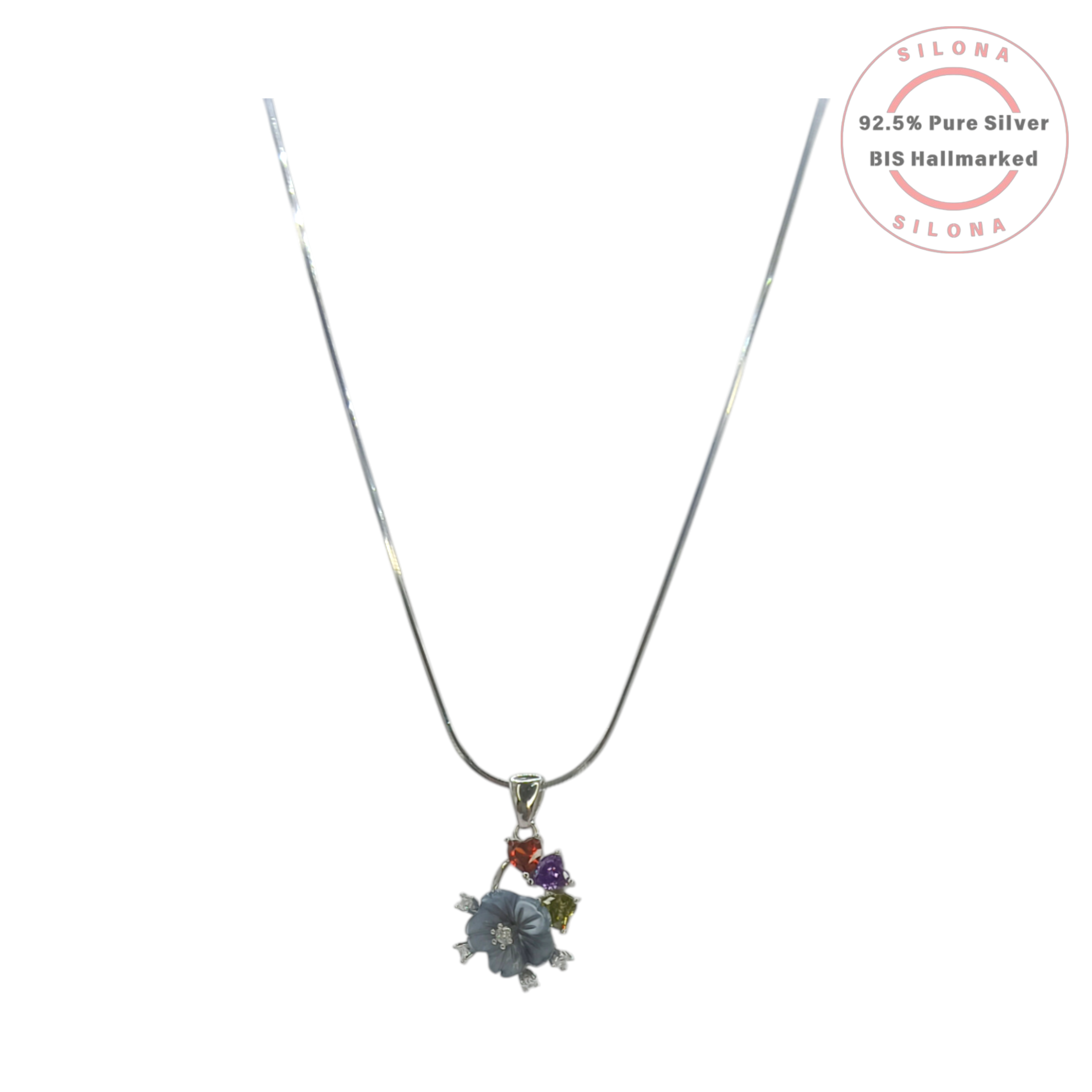 Silona Artisanal Floral Bouquet Necklace and Earring Set in 92.5 silver, featuring a grey-blue flower and multi-coloured stones.