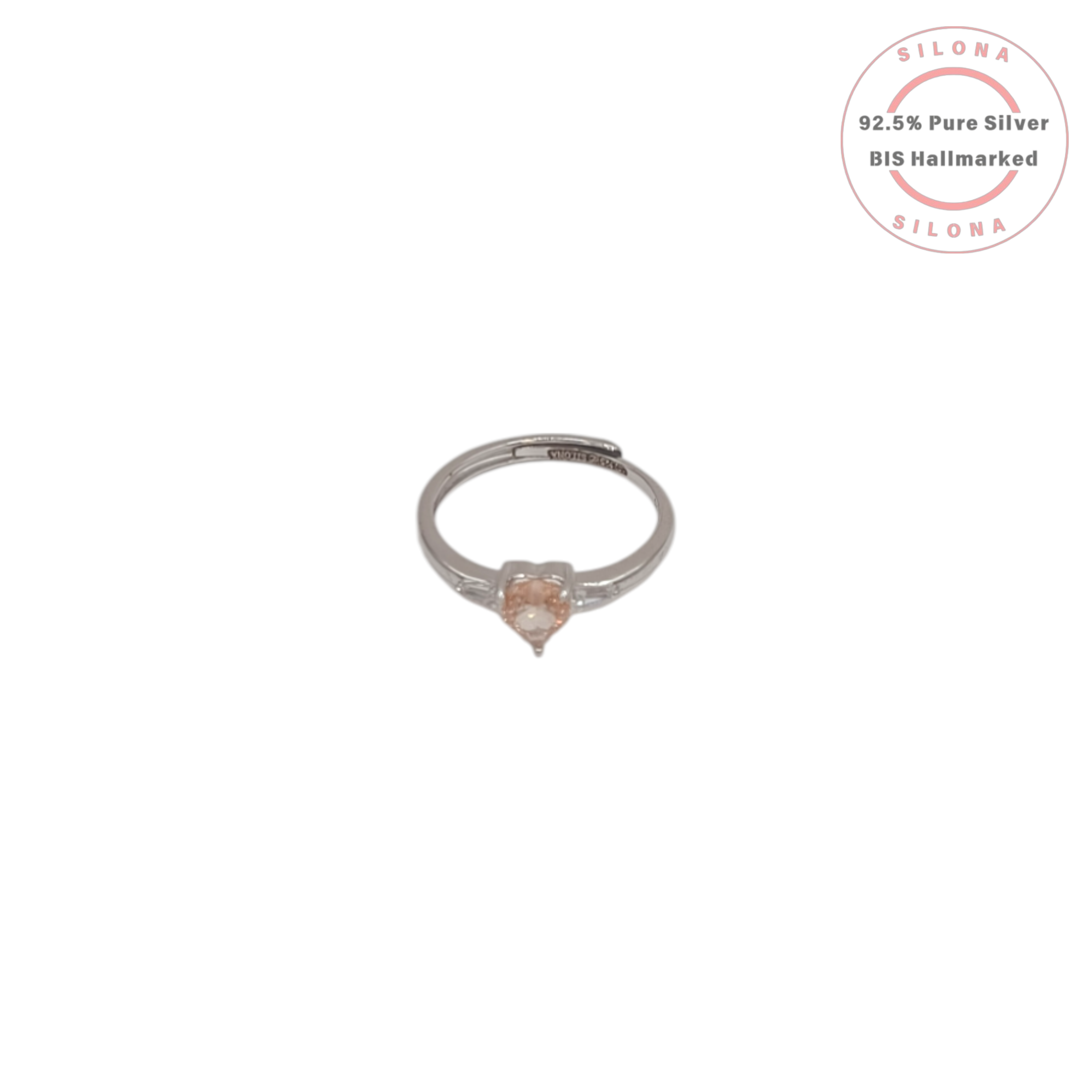 Silona Champagne Heart Solitaire Ring in 92.5 Silver with baguette accents on a white background.