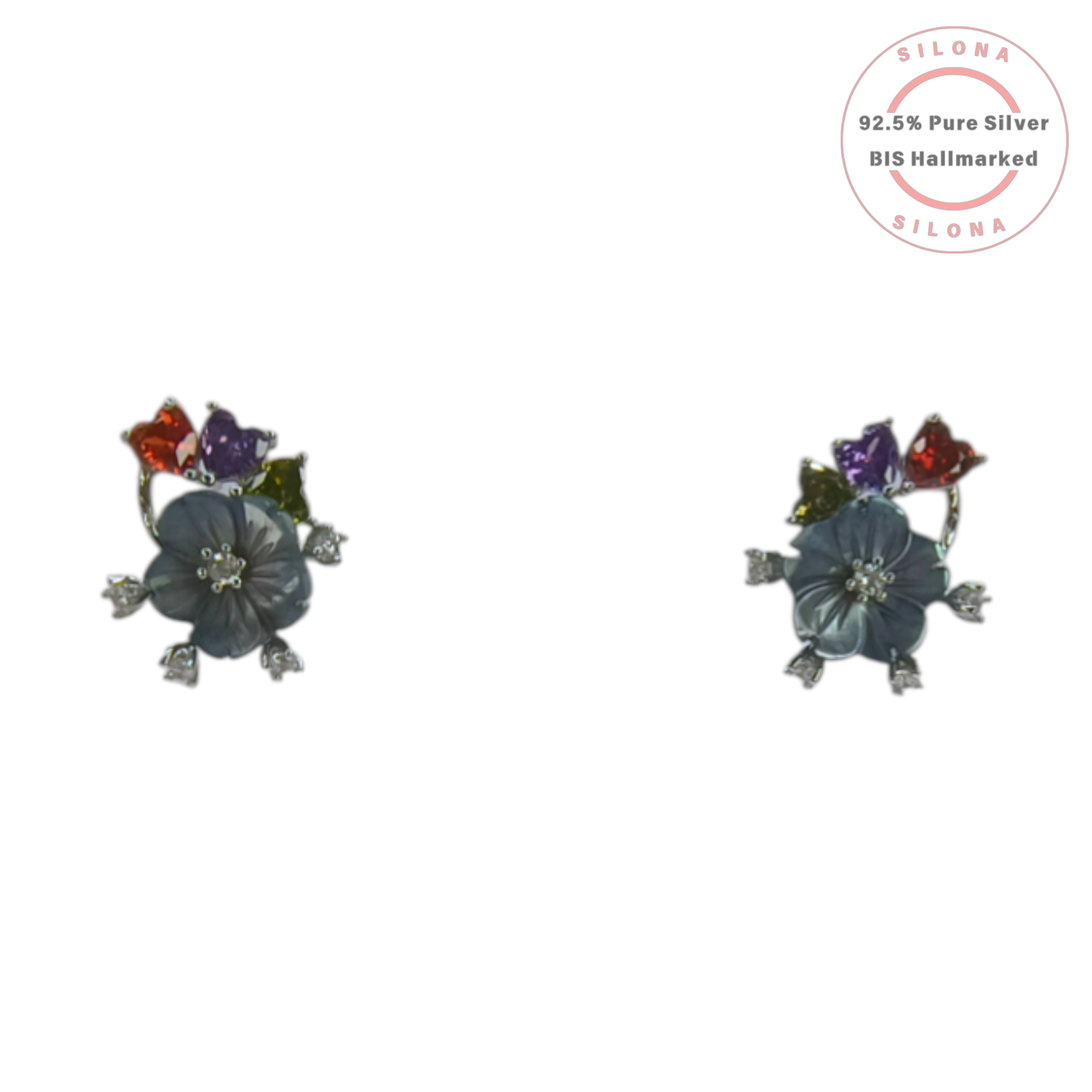 Silona Artisanal Floral Bouquet Necklace and Earring Set in 92.5 silver, featuring a grey-blue flower and multi-coloured stones.