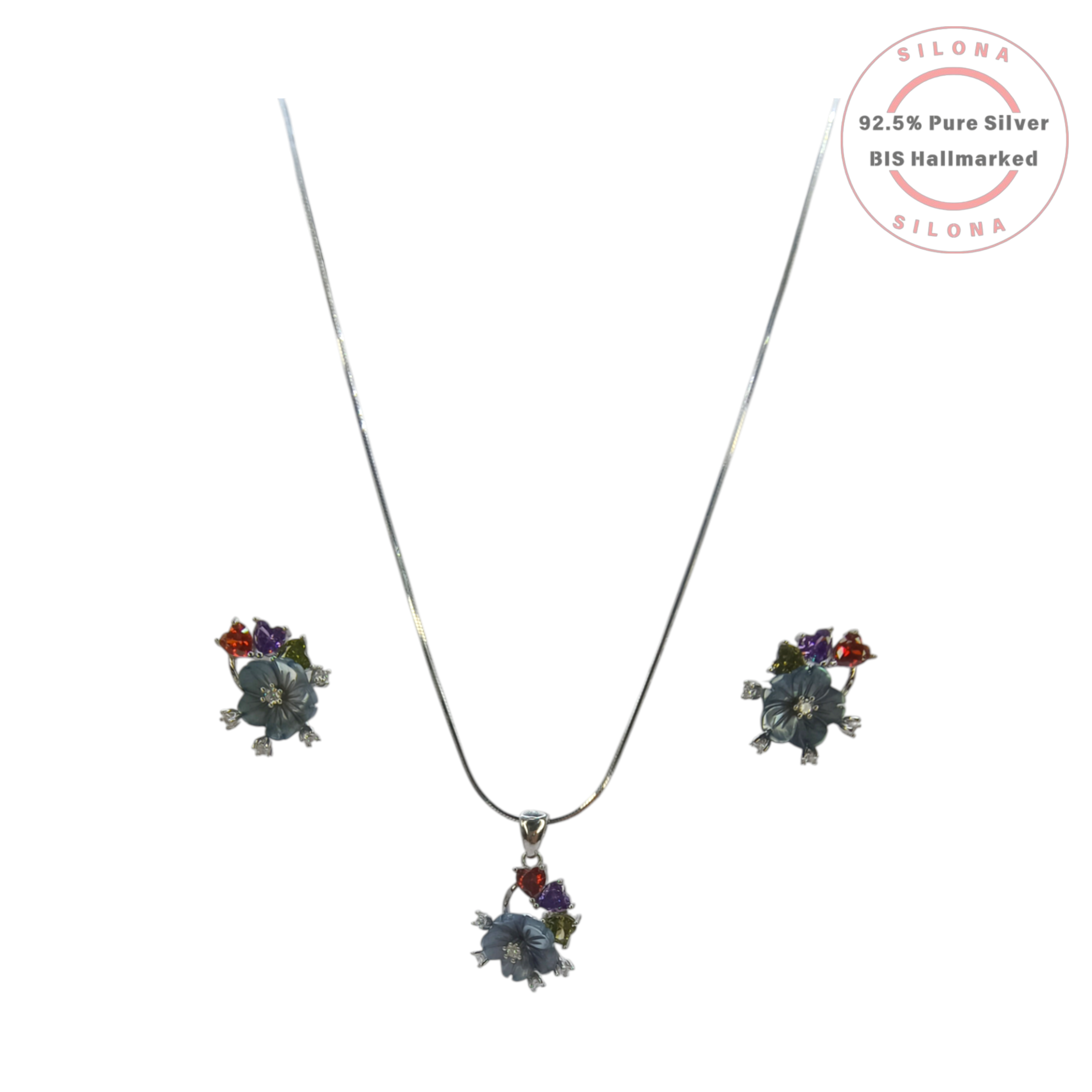 Silona Artisanal Floral Bouquet Necklace and Earring Set in 92.5 silver, featuring a grey-blue flower and multi-coloured stones.