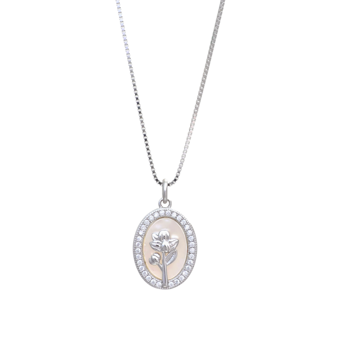 Silver box chain necklace with an oval mother-of-pearl pendant framed in crystal cz stones and featuring a silver flower stem in center.
