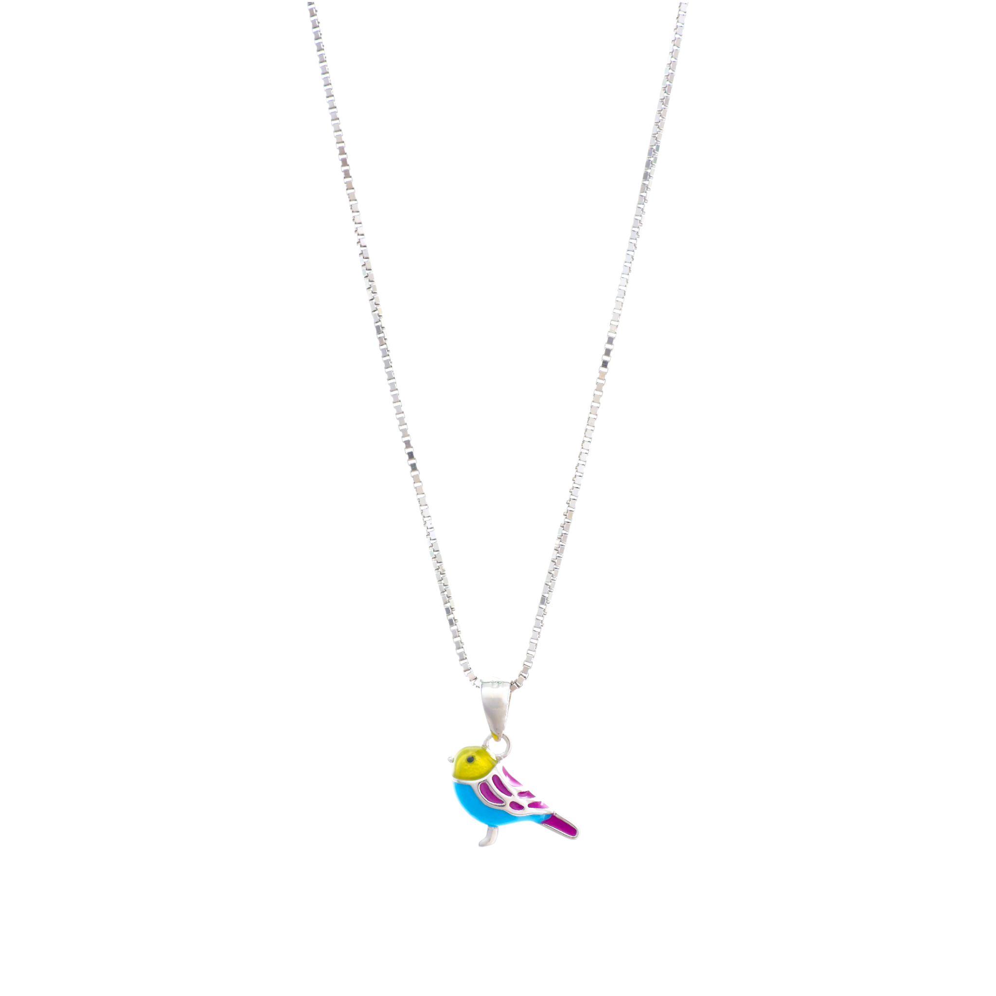 A silver box chain necklace featuring a small enameled bird pendant detailed in bright yellow, turquoise blue, and magenta colors.
