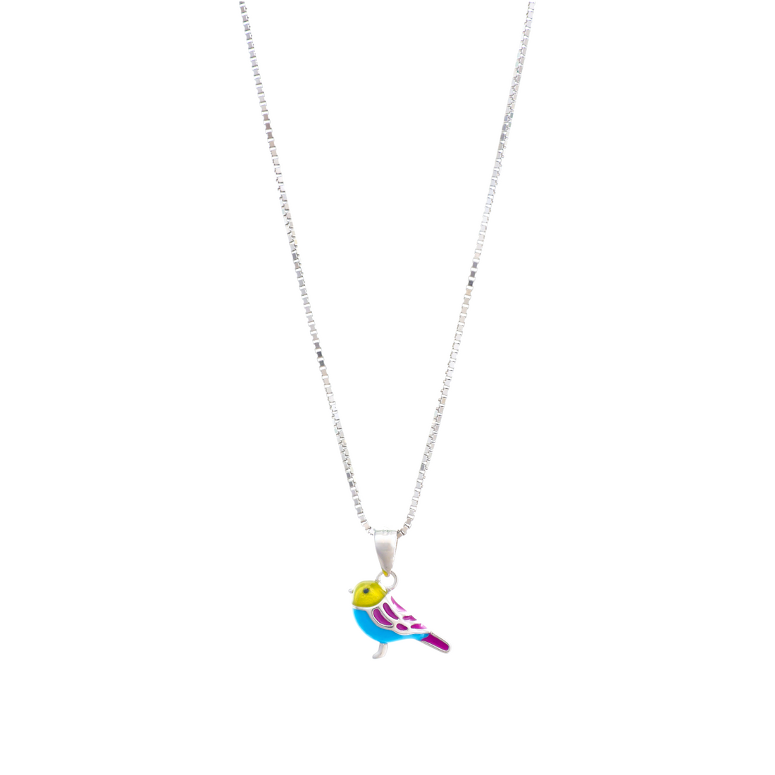 A silver box chain necklace featuring a small enameled bird pendant detailed in bright yellow, turquoise blue, and magenta colors.