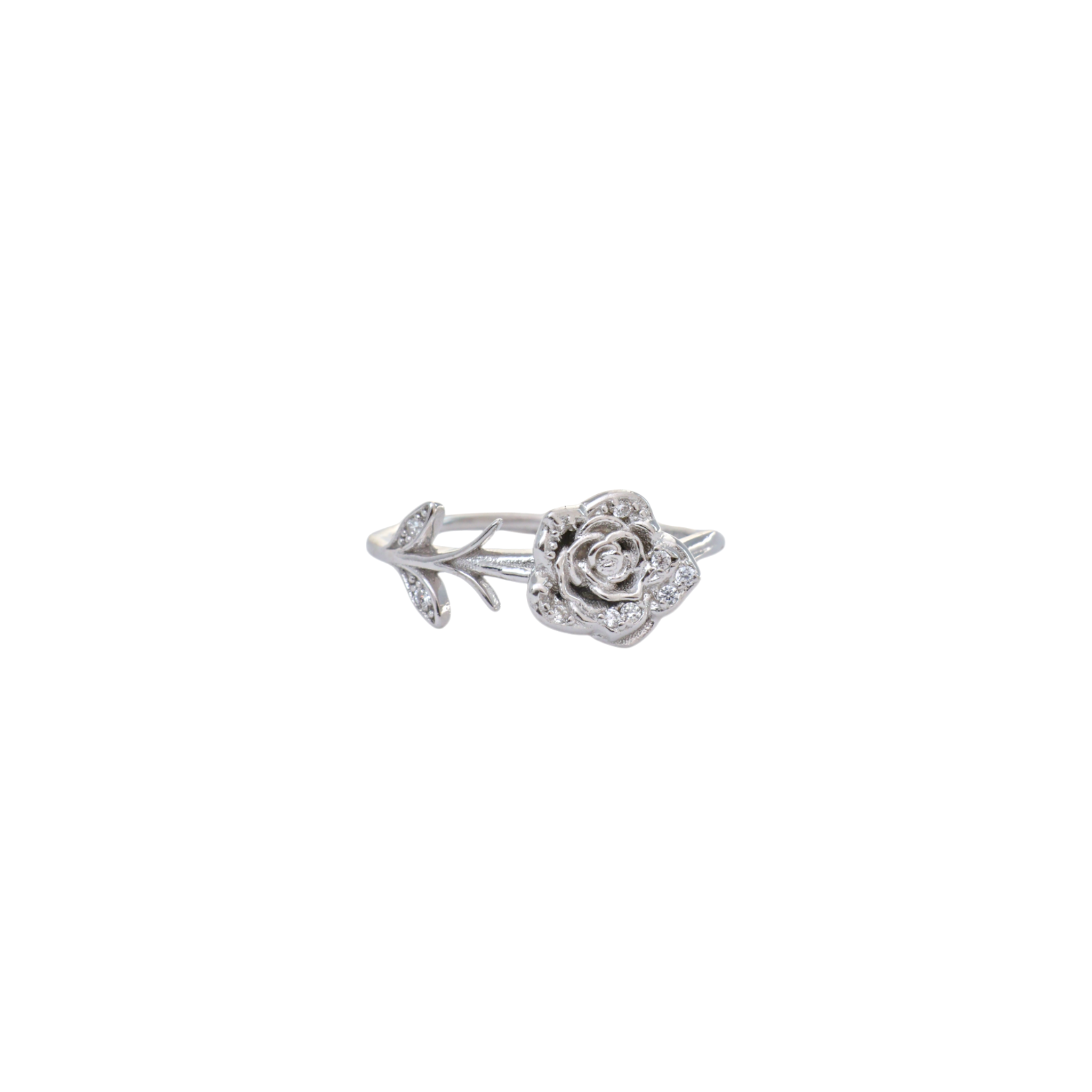 Sculpted sterling silver rose flower on a leafy stem band with cz accents.